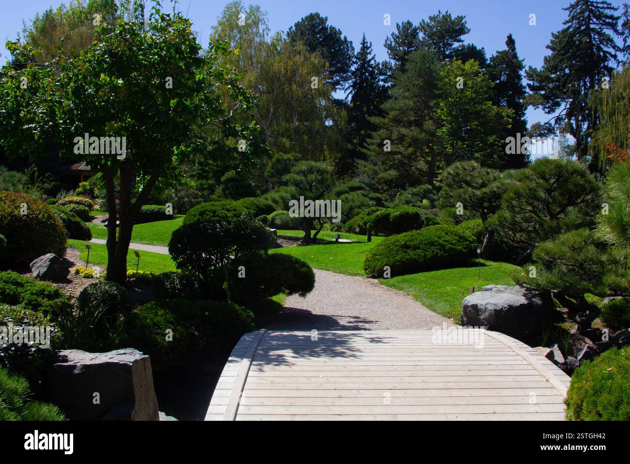 Un sentier paysager de jardin serein au jardin botanique de Denver par une belle journée claire Banque D'Images