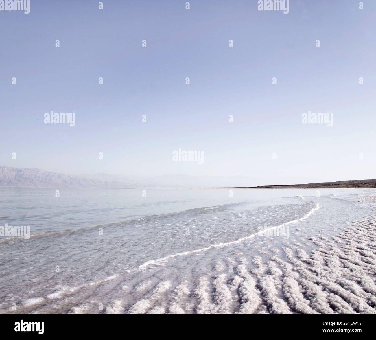 La beauté sauvage et désolée du désert de Judée rencontre la surface calme et réfléchissante de la mer morte. Banque D'Images