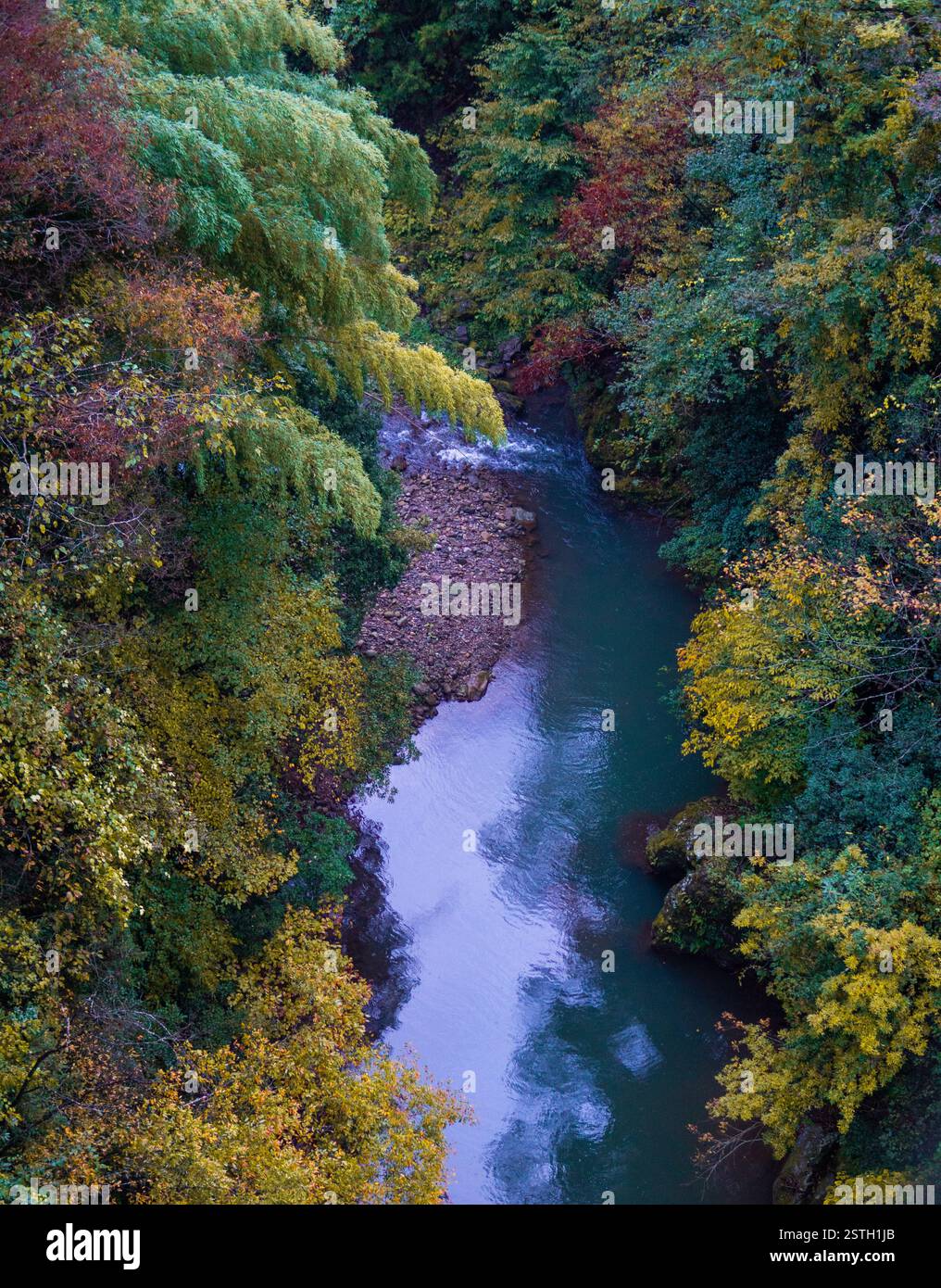 Un coucher de soleil d'automne serein sur une petite rivière, une forêt et des collines dans le Japon rural, avec les teintes chaudes de l'automne se reflétant sur l'eau. Banque D'Images