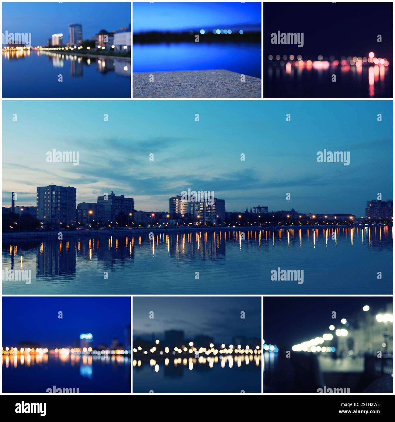 Midtown Astrakhan skyline au crépuscule panorama sur la rivière Volga dans la nuit. Banque D'Images
