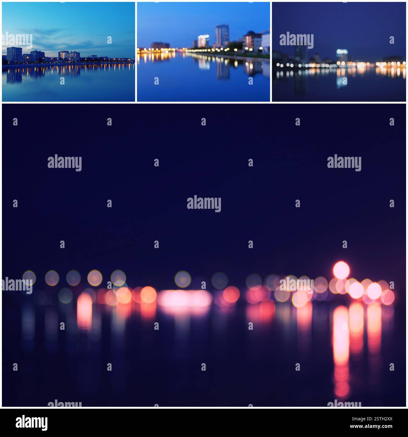 Midtown défocalisé l'horizon d'Astrakhan au crépuscule panorama sur la rivière Volga dans la nuit. Banque D'Images