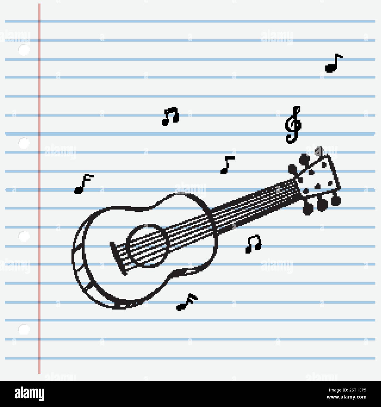 Illustration d'une guitare avec des notes de musique flottantes Illustration de Vecteur