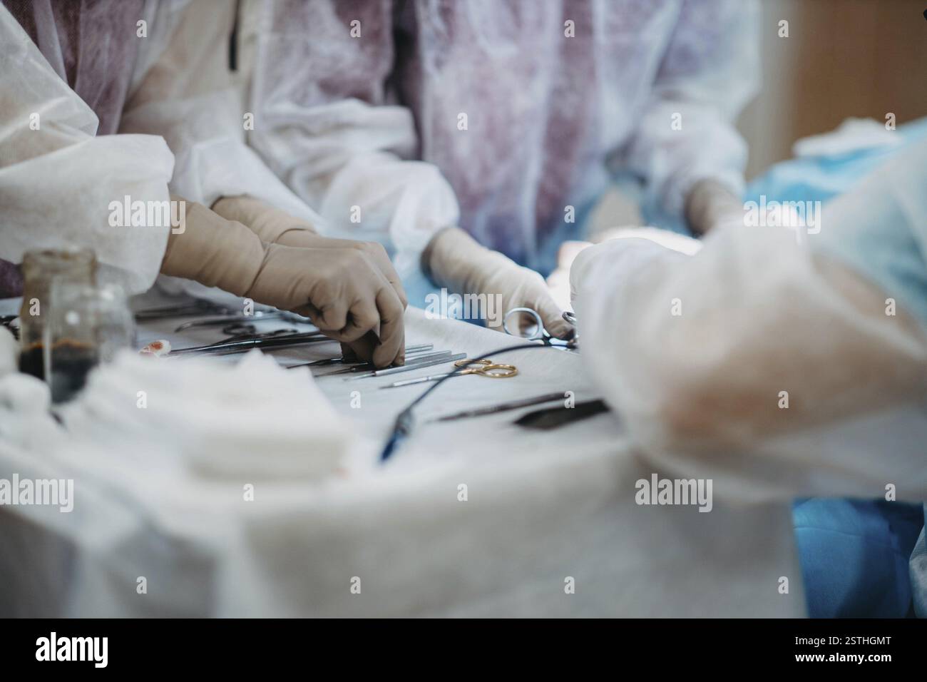 Un groupe de mains gantées travaillant avec des outils chirurgicaux en milieu médical Banque D'Images