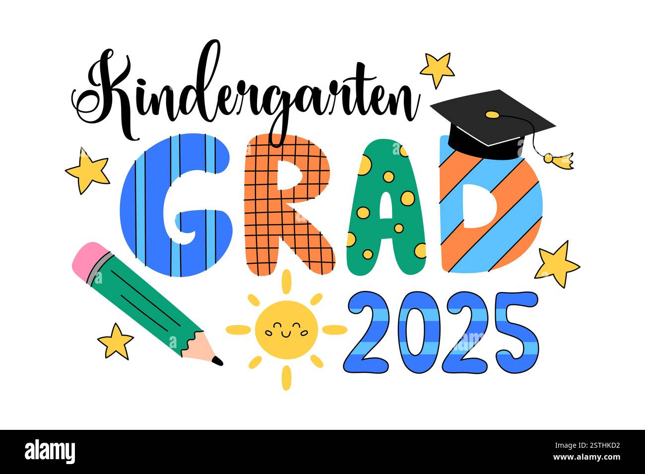 Kindergarten grad 2025 illustration vectorielle. Impression de remise des diplômes pour les élèves d'âge préscolaire, école primaire. Mignon design coloré pour le Kindergart diplômé Illustration de Vecteur