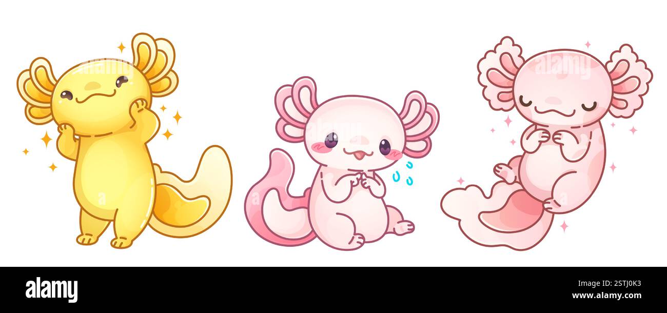 Mignon axolotl expressions Set - salamandre jaune confiante avec lueur étincelante, créature timide rose avec joues rougissantes, caractère rêveur de corail avec les yeux fermés. Amphibiens Kawaii pour autocollant. Illustration de Vecteur