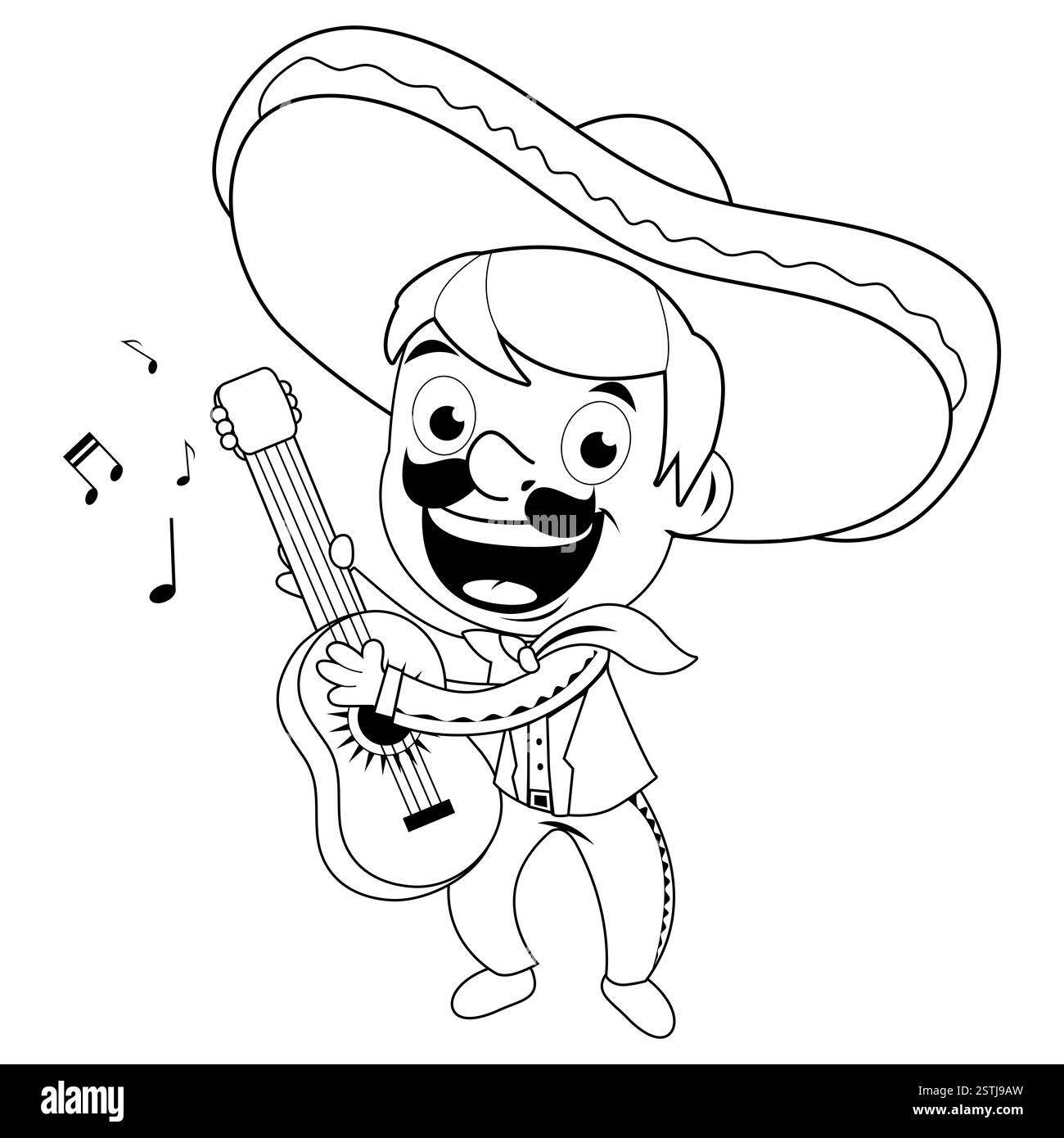 Homme mariachi mexicain avec chapeau sombrero jouant de la guitare et chantant. Célébration du Cinco de Mayo. Coloriage noir et blanc. Banque D'Images