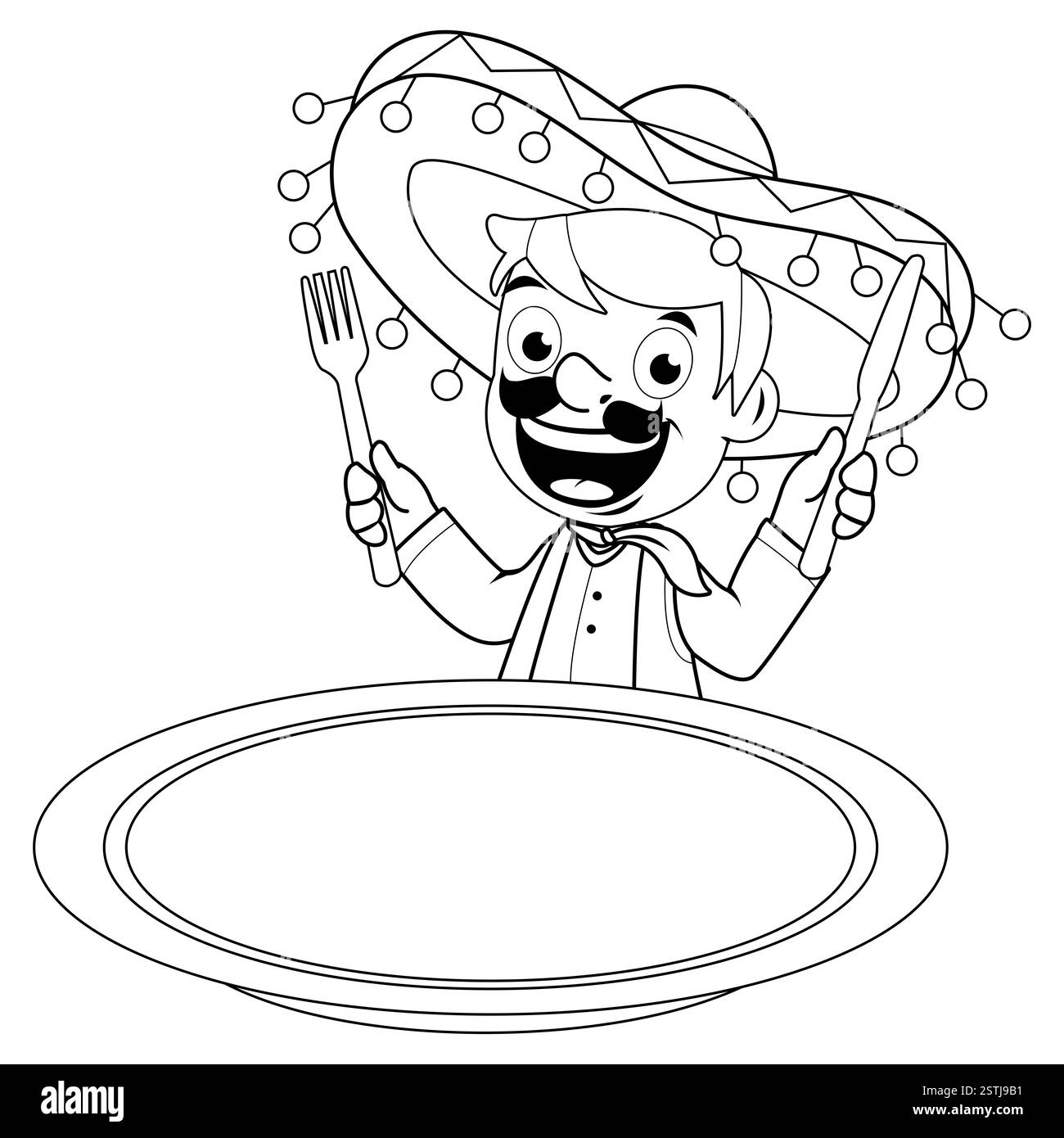 Homme mariachi mexicain regardant au-dessus d'une assiette vide, attendant la nourriture. Bannière de restaurant mexicain. Coloriage noir et blanc. Banque D'Images