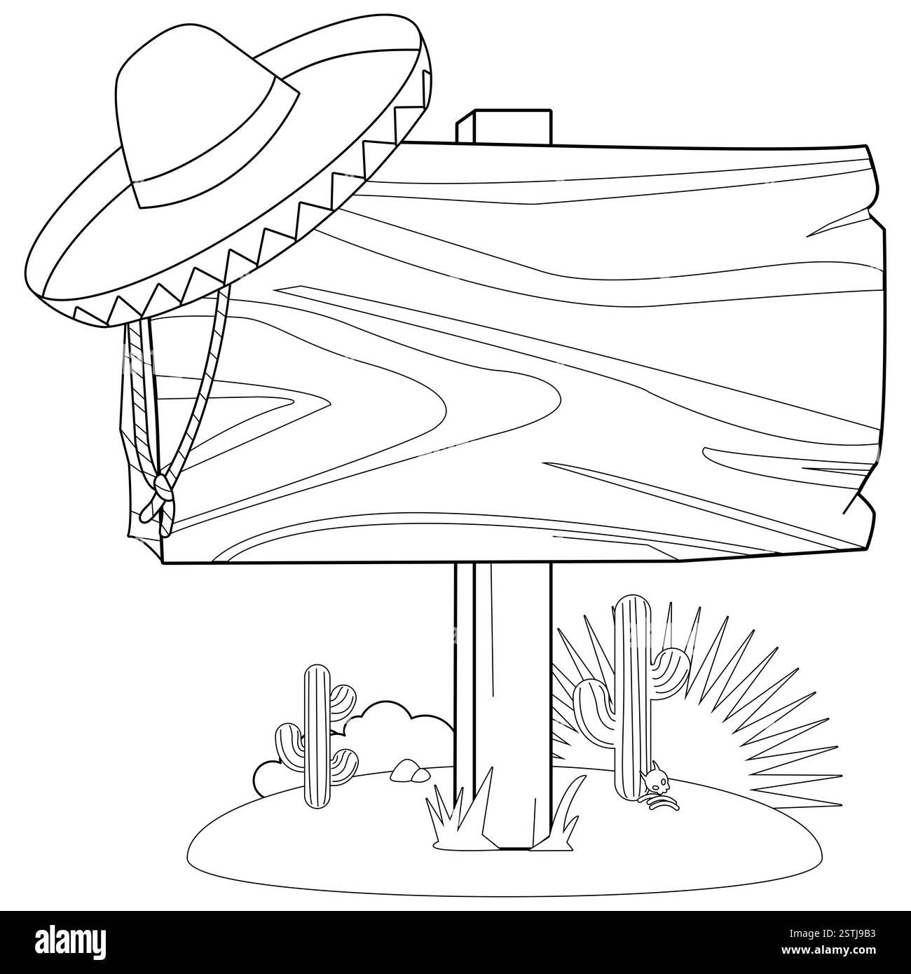 Panneau en bois vierge dans le désert mexicain. Panneau avec fond de chapeau sombrero. Coloriage noir et blanc. Banque D'Images