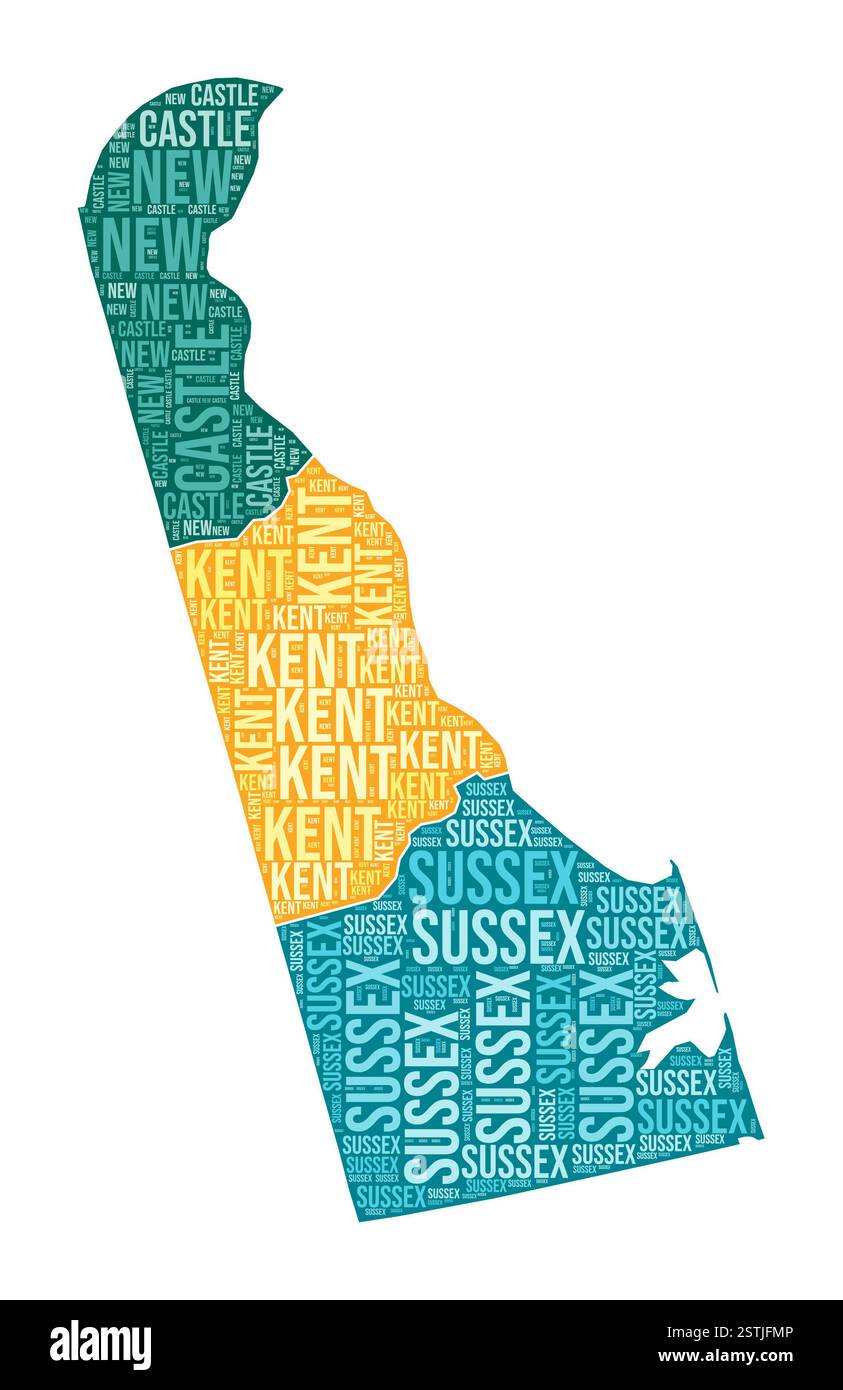 Forme Delaware. Indiquez le nuage de mots avec la division du comté. Illustration colorée du Delaware. Nuage de noms de comté. Illustration vectorielle. Illustration de Vecteur