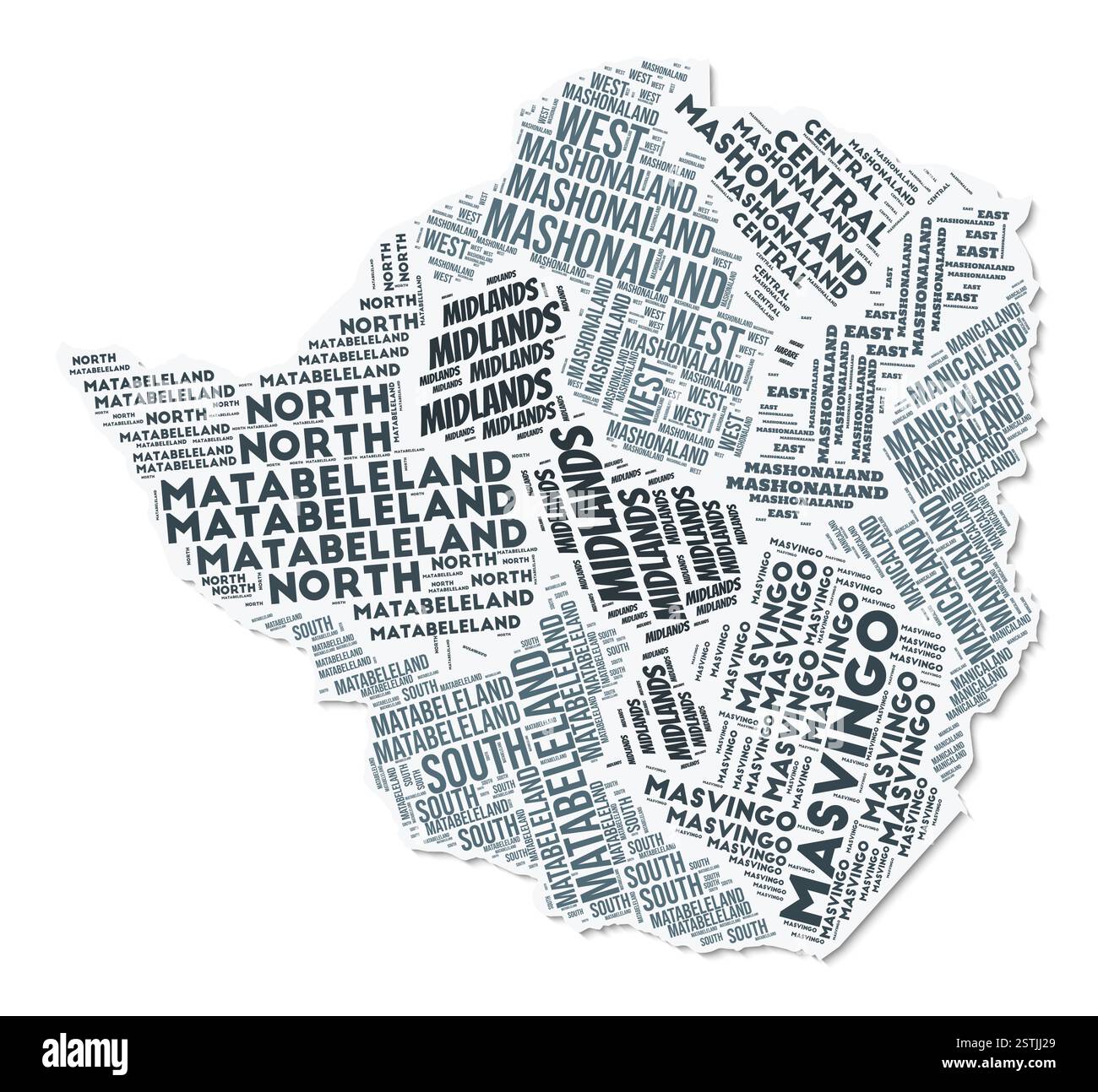 Nuage de texte de forme Zimbabwe. Frontière de pays avec ombre sur fond blanc. Zimbabwe avec division des régions dans le style vintage gazette. Illustration de Vecteur