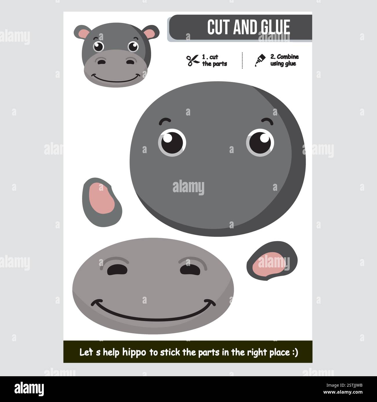 Jeu de papier hippopotame mignon pour les enfants. Activité ludique et éducative. Illustration de Vecteur