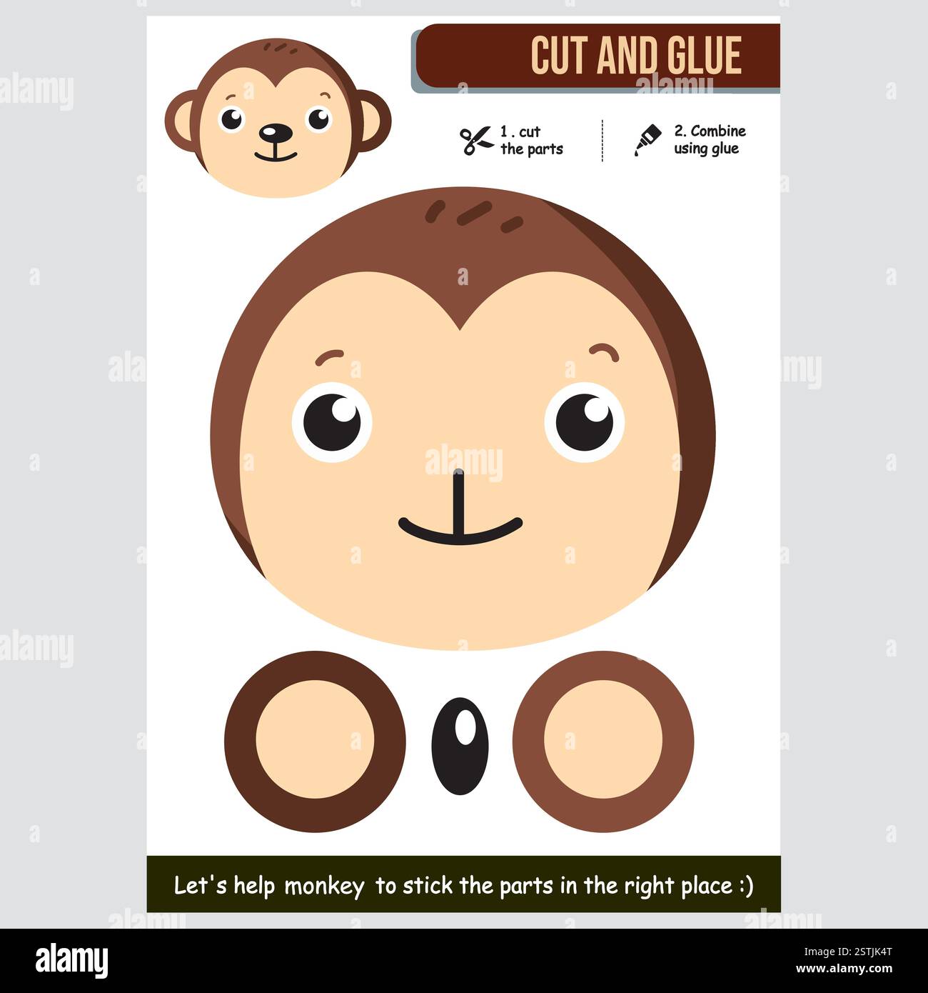 Une adorable activité de coupe-colle de singe qui aide les enfants à améliorer leur créativité et leur motricité. Parfait pour les projets scolaires ou les activités d'apprentissage à domicile. Illustration de Vecteur