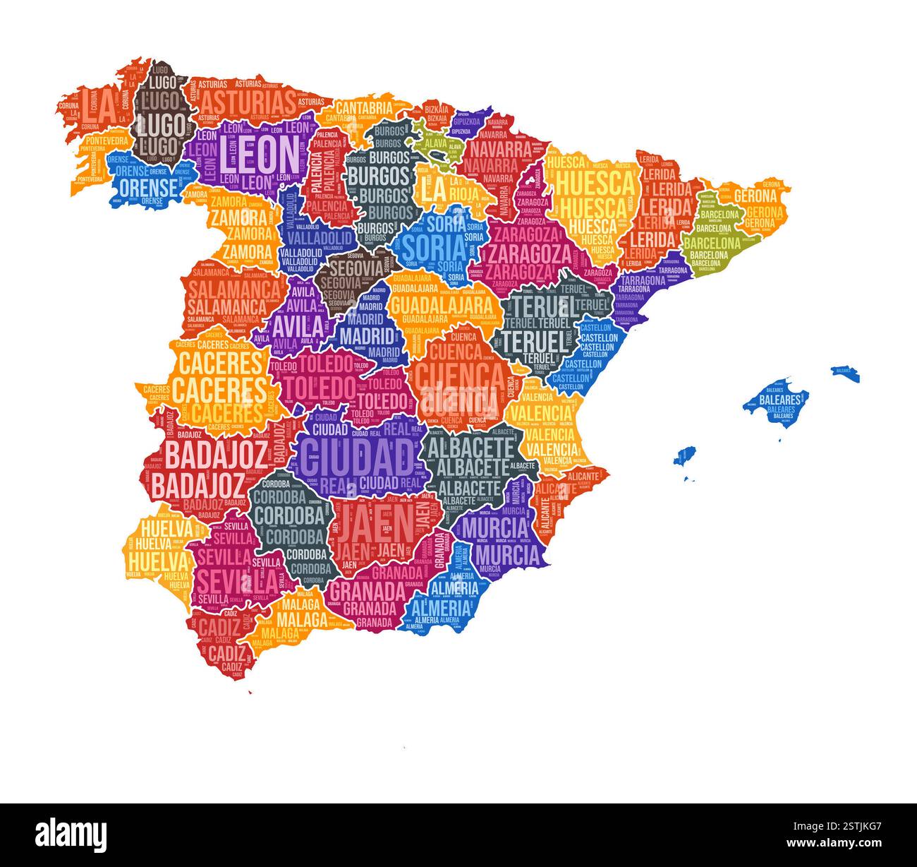 Forme Espagne. Nuage de mots de pays avec division de région. Espagne illustration colorée. Nuage de noms de région. Illustration vectorielle. Illustration de Vecteur