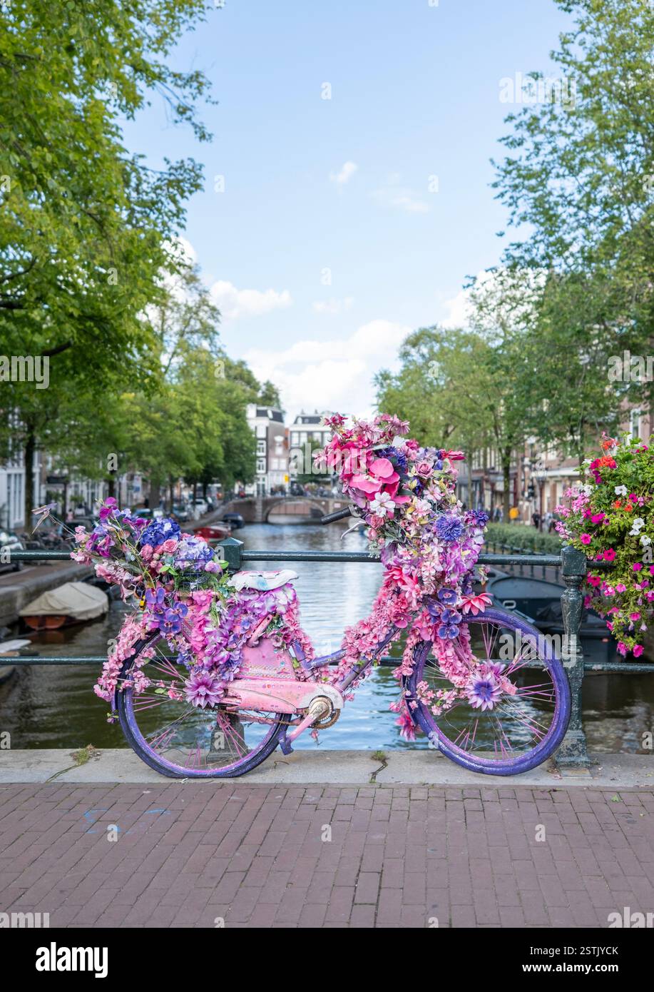 Un vélo décoré de couleurs vives couvert de fleurs roses et violettes repose sur un pont de canal à Amsterdam. Entouré de verdure luxuriante Banque D'Images
