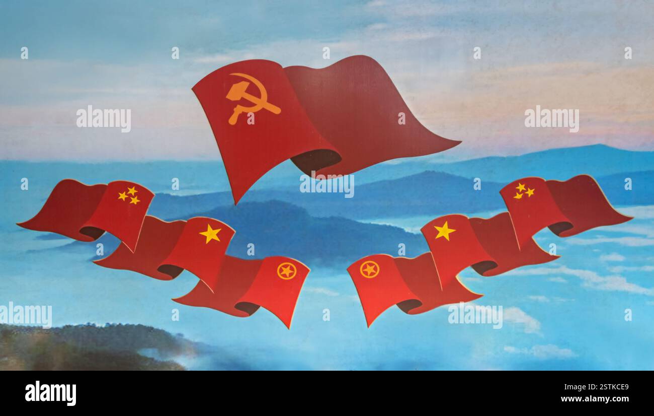 Une peinture historique avec des drapeaux communistes Banque D'Images