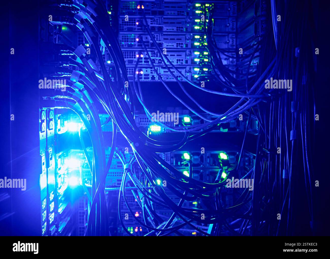 Gros plan des disques durs et des câbles dans le centre de données Banque D'Images