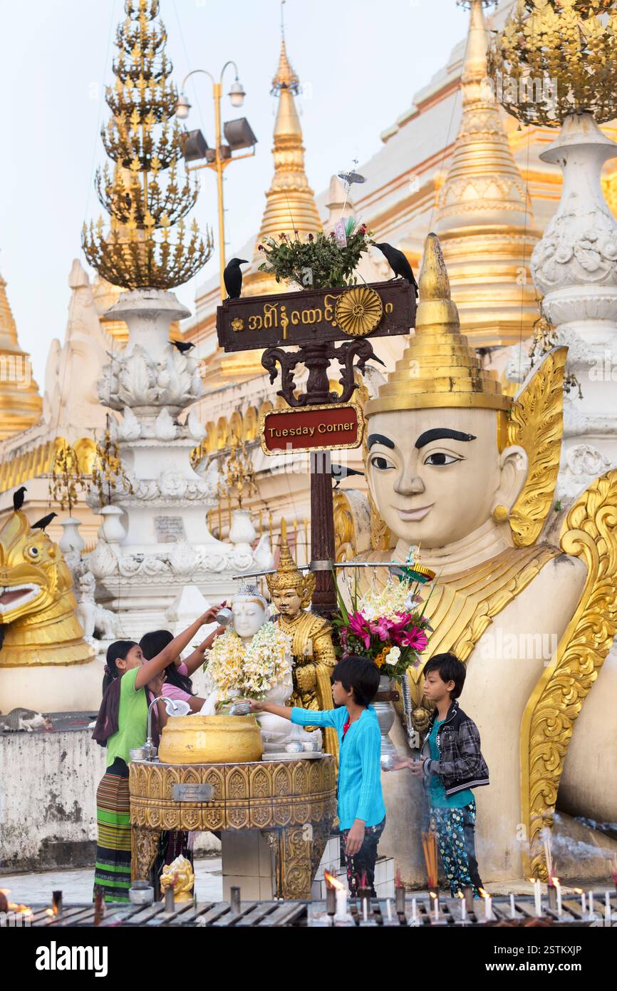 Myanmar, Yangon, les pèlerins versent de l'eau sur le Bouddha dans leur coin du jour de naissance, faisant une offrande au 'coin du mardi', Pagode Shwedagon. Banque D'Images