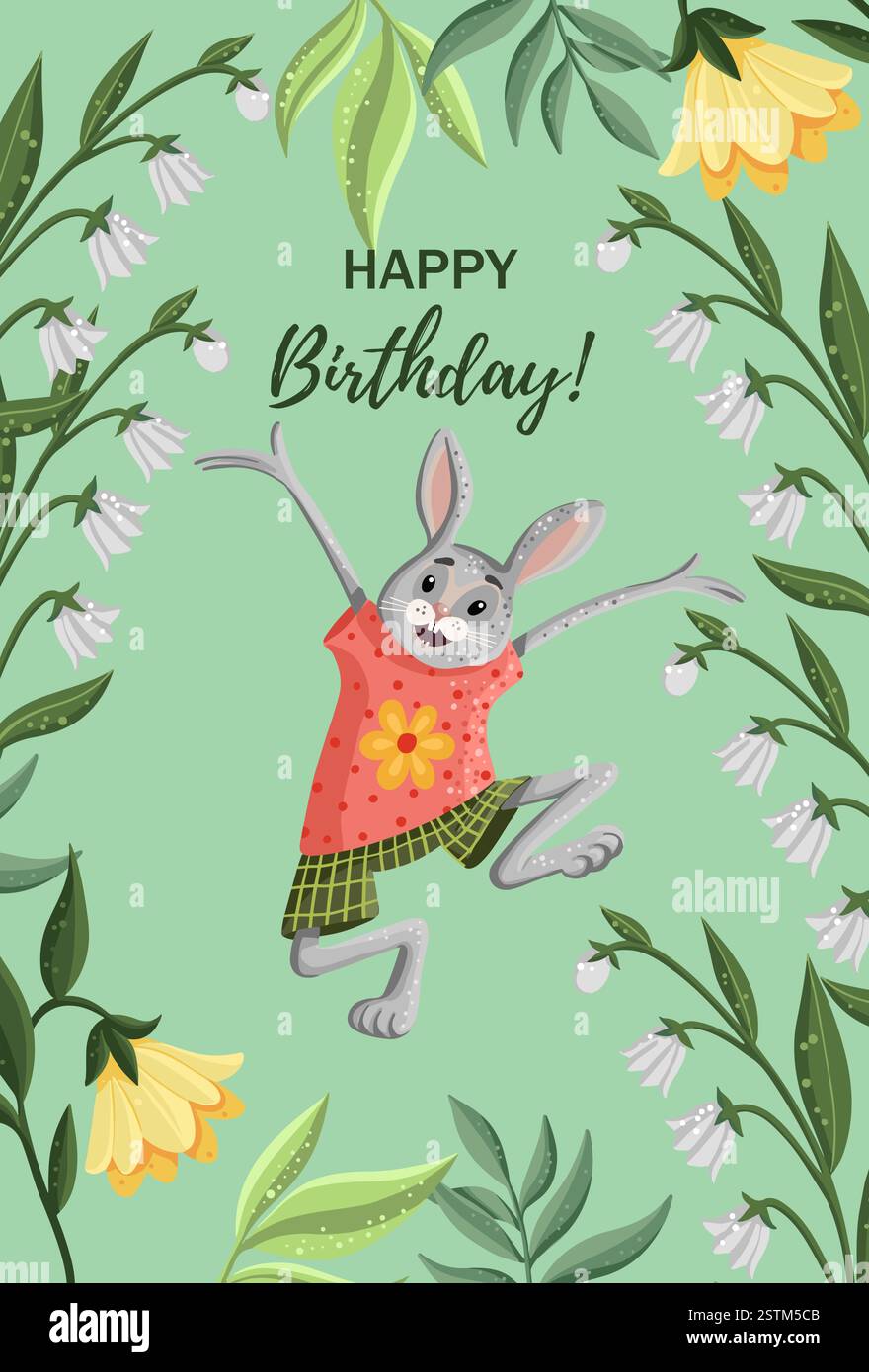 Carte d'anniversaire de vecteur avec un lapin mignon entouré de feuilles et de fleurs. Illustration vectorielle Illustration de Vecteur