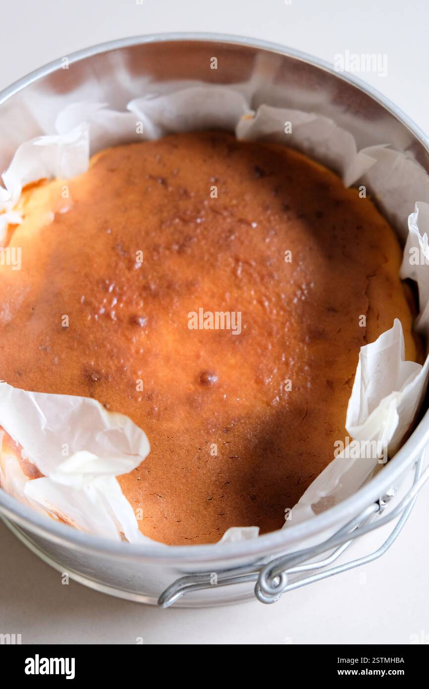 Gros plan d'un gâteau au fromage basque brûlé maison sur une plaque de cuisson. Banque D'Images
