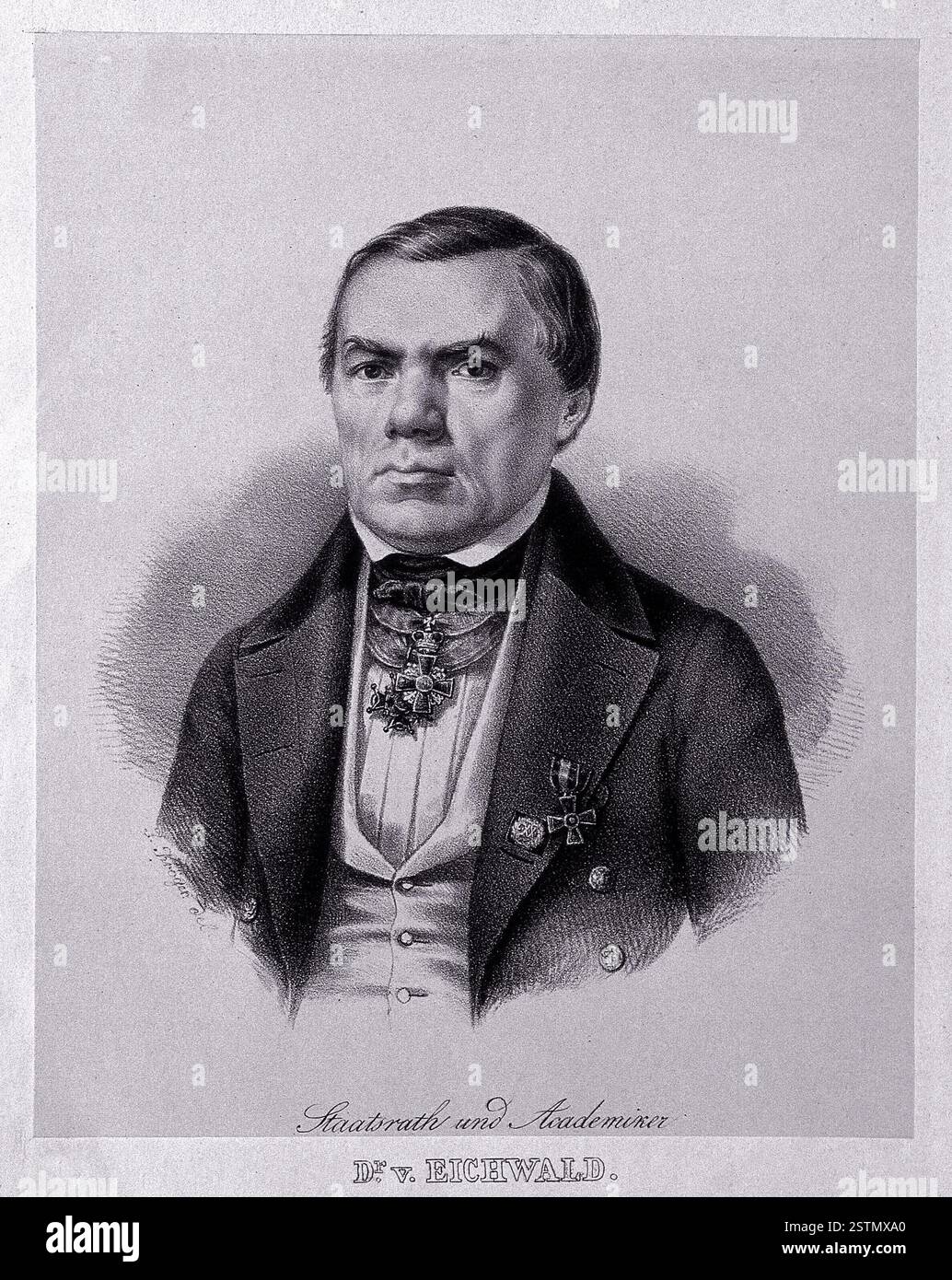 Carl Eduard Eichwald. Lithographie de P. Kröger. Karl Eduard von Eichwald, connu sous le nom de Karl Eichwald, (né le 4 juillet 1795 à Mitau, gouvernorat de Courlande – mort le 10 novembre 1876 à Saint-Pétersbourg) est un géologue, médecin et naturaliste allemand balte qui a passé toute sa vie dans l'Empire russe. Banque D'Images