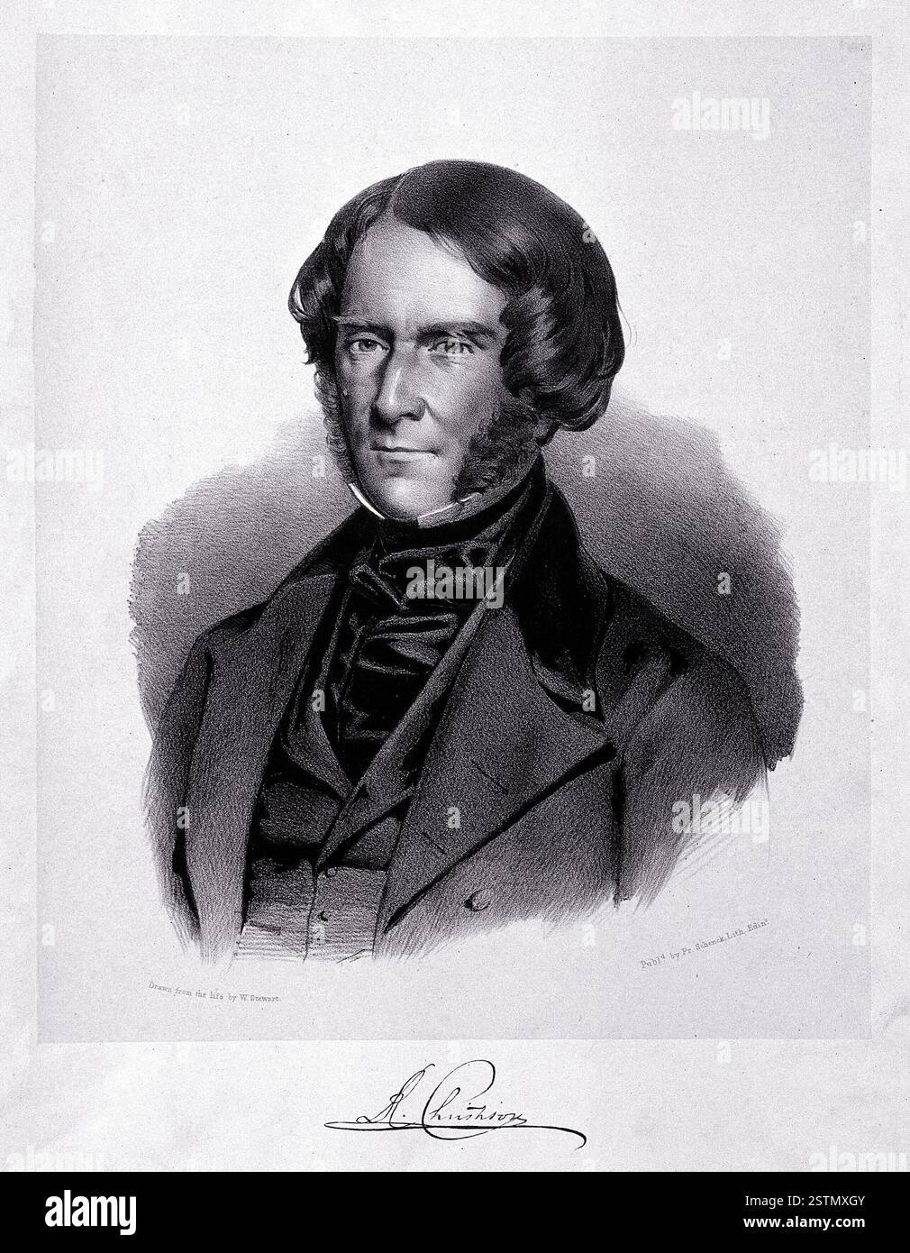 Sir Robert Christison, 1er baronnet, FRSE, FRCSE, FRCPE (né le 18 juillet 1797 - décédé le 27 janvier 1882) est un éminent médecin et toxicologue écossais. Il occupe le poste de président du Royal College of Physicians d'Édimbourg pendant deux mandats (1838–40 et 1846–48) et est également président de la British Medical Association en 1875. Christison est notamment reconnu comme le premier individu à décrire l'anémie rénale. Lithographie sur papier. Banque D'Images