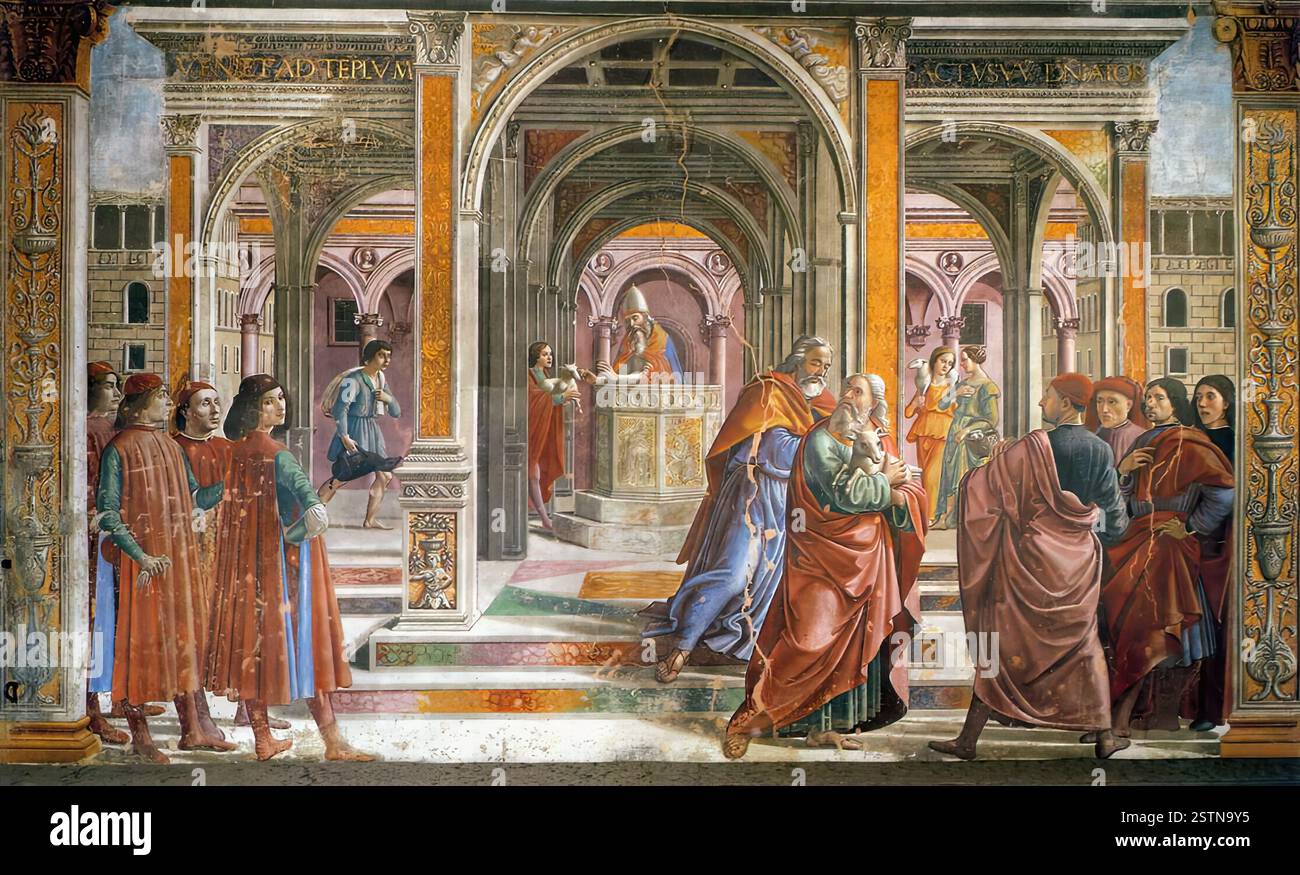 GHIRLANDAIO, Domenico (né en 1449, Florence, d. en 1494, Florence) expulsion de Joachim du Temple 1486-90 Fresco Cappella Tornabuoni, Santa Maria Novella, Florence la narration de l'histoire de Marie sur le mur gauche de la chapelle commence en bas à l'entrée de la chapelle avec l'expulsion de Joachim du Temple. L'événement a lieu sur la place typiquement florentine de Santa Maria Novella. En arrière-plan, la façade de l'hôpital San Paolo est facilement reconnaissable, avec sa loggia qui a été construite à cette époque sur le modèle brunelleschien de la Loggia degli Banque D'Images