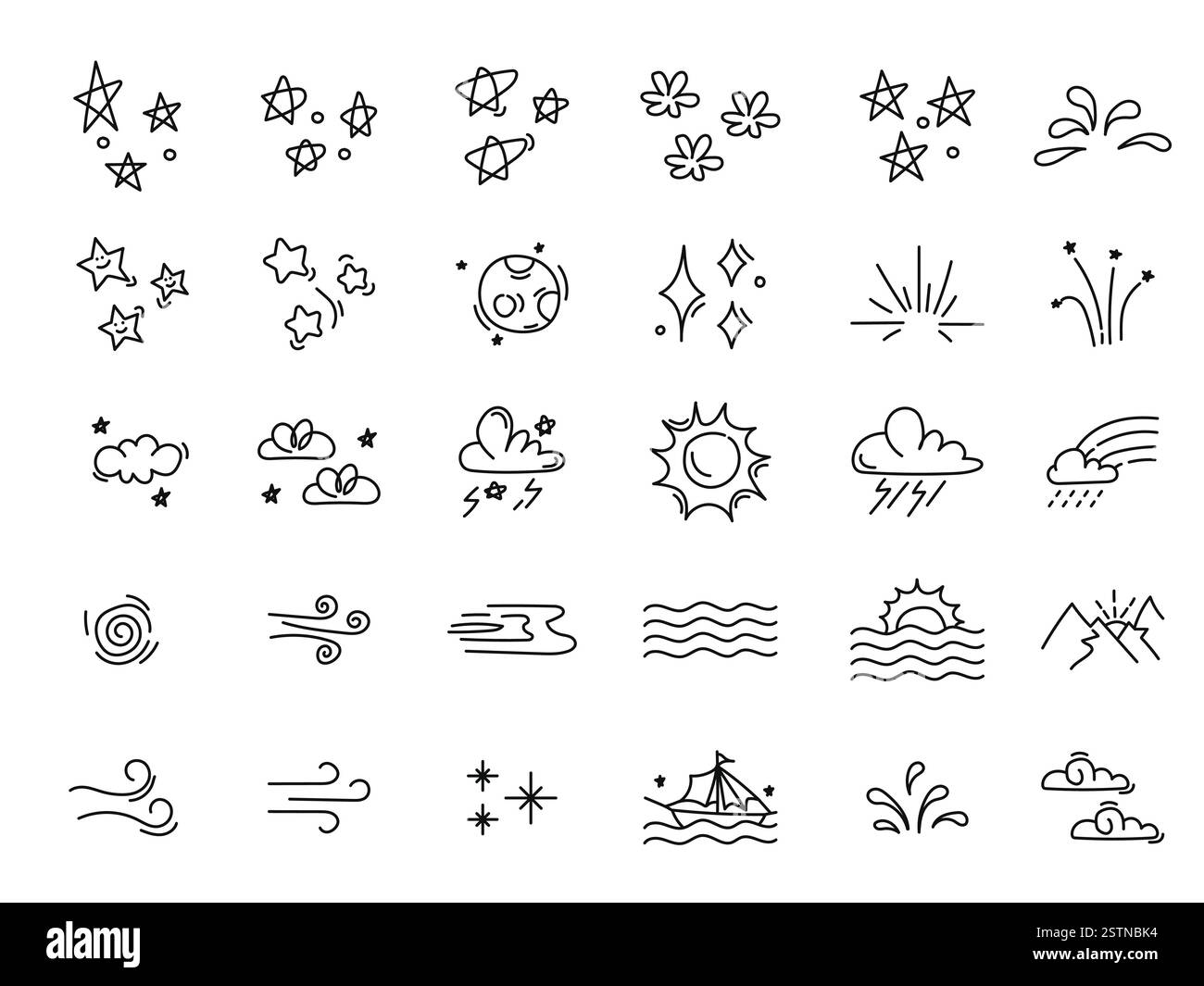 Éléments de la nature dessinés à la main représentant le soleil, les étoiles, les nuages, la pluie, la foudre, vagues, et vent dans un style de dessin animé ludique. Ce v. Sur le thème de la météo Illustration de Vecteur Éléments de la nature dessinés à la main représentant le soleil, les étoiles, les nuages, la pluie, la foudre, vagues, et vent dans un style de dessin animé ludique. Ce v. Sur le thème de la météo Illustration de Vecteur