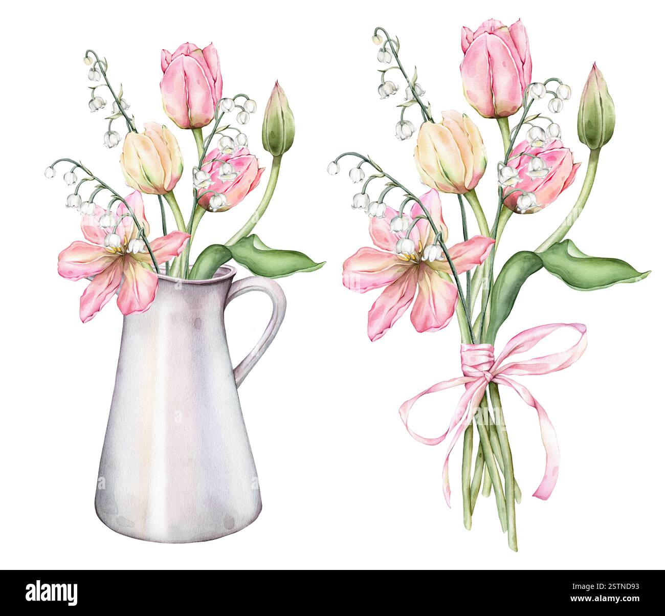 Tulipes de bouquet de bourgeon multicolores pastel et lis de la vallée en canette métallique illustration aquarelle isolée sur fond. Bouquet dessiné à la main de Banque D'Images