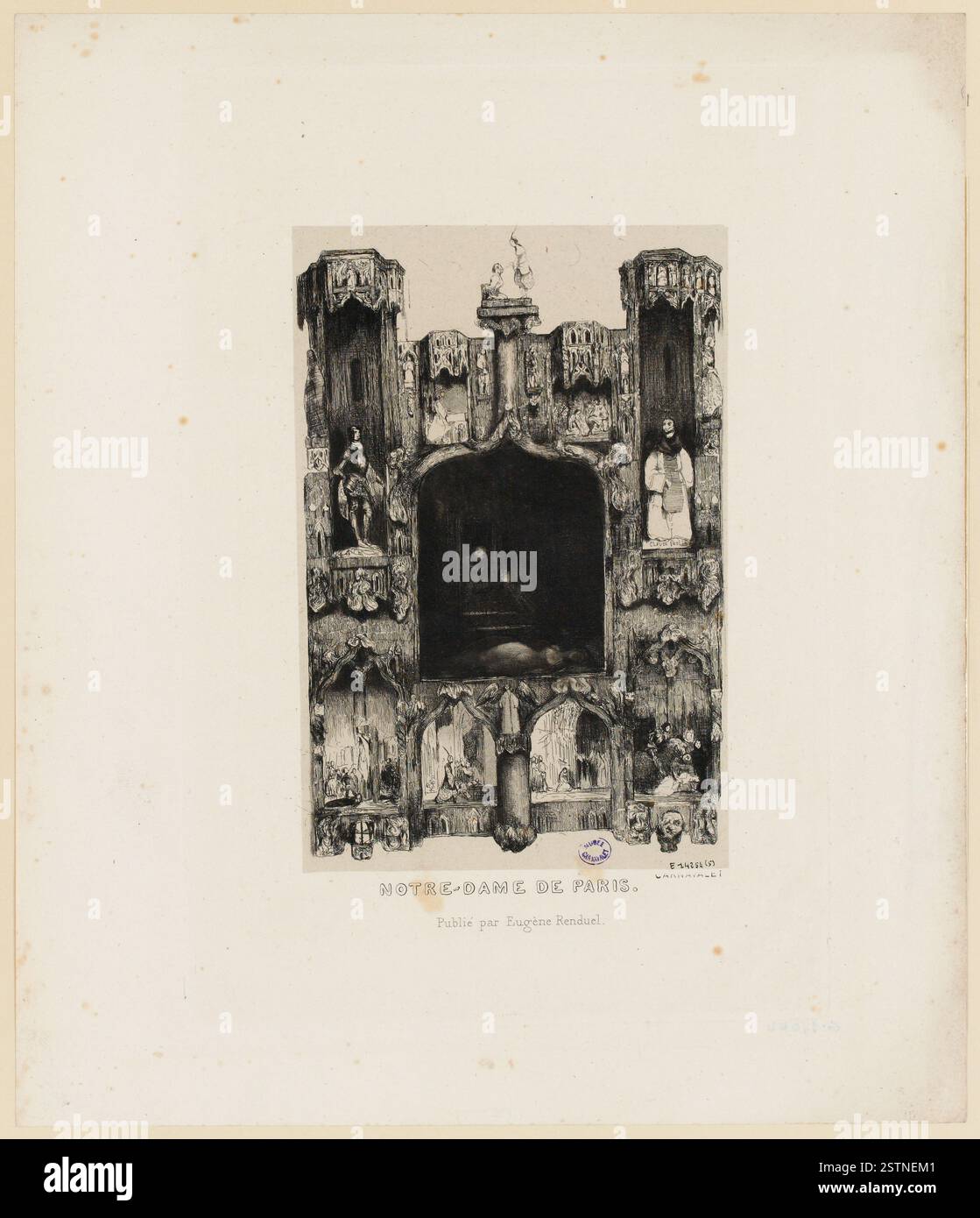 Gravure de Pierre Nicolas Ransonnette représentant des scènes du roman de Victor Hugo « notre-Dame de Paris », y compris l'architecture gothique de la cathédrale, Quasimodo, et les personnages clés de l'histoire. Banque D'Images