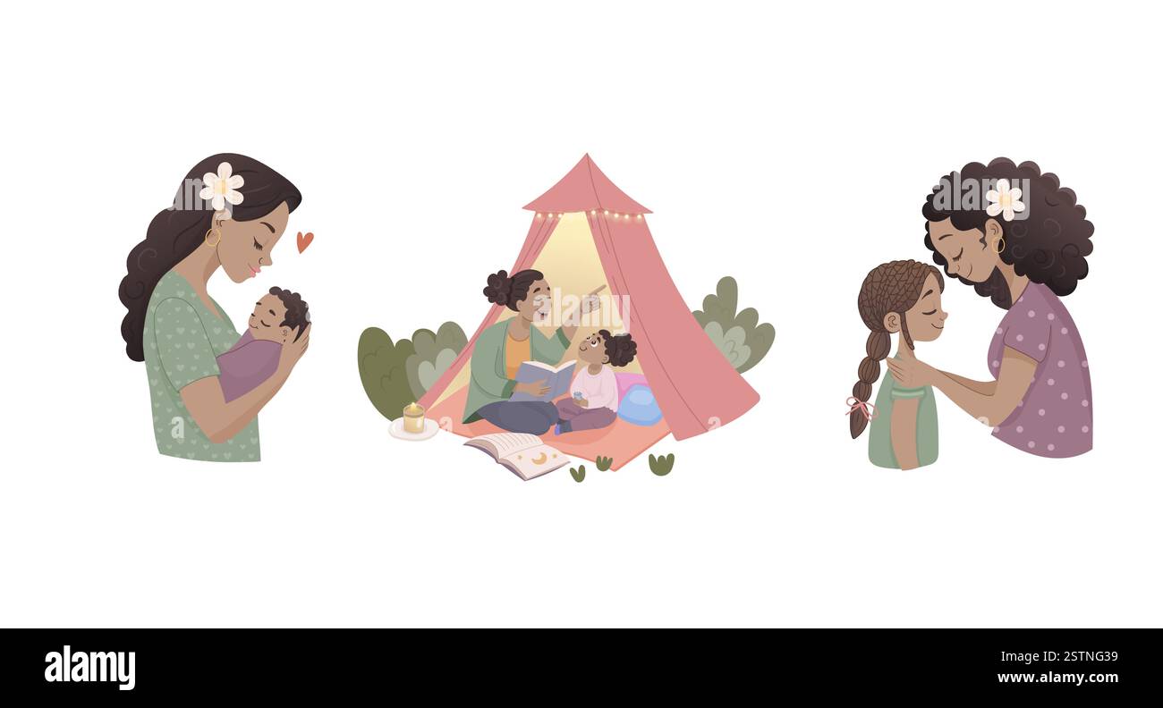 Fête des mères. Set, africain, mère et enfant à la peau foncée, mère et fille, nouveau-né Illustration de Vecteur