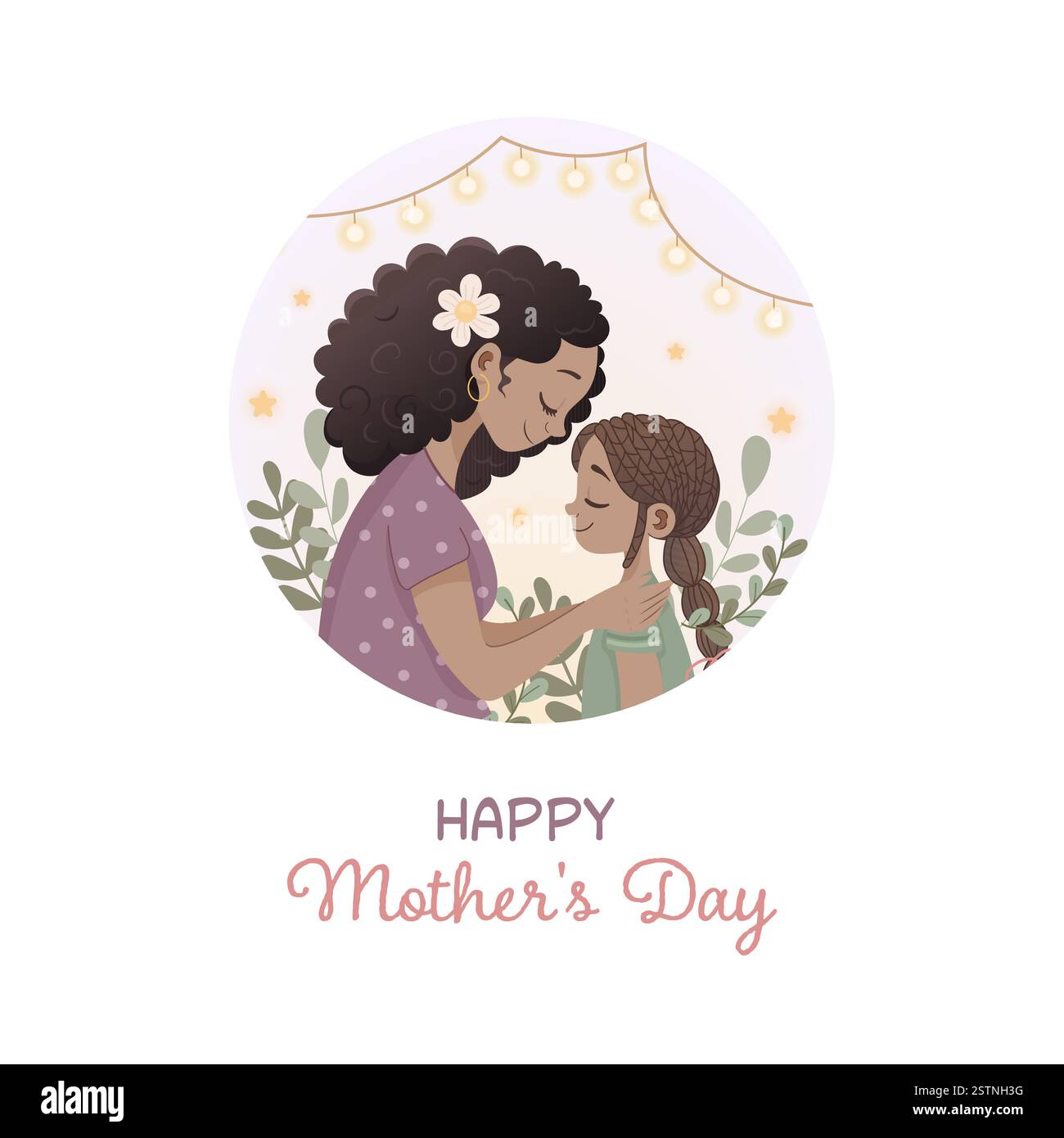 Fête des mères. Carte carrée, maman à la peau foncée embrassant sa fille Illustration de Vecteur