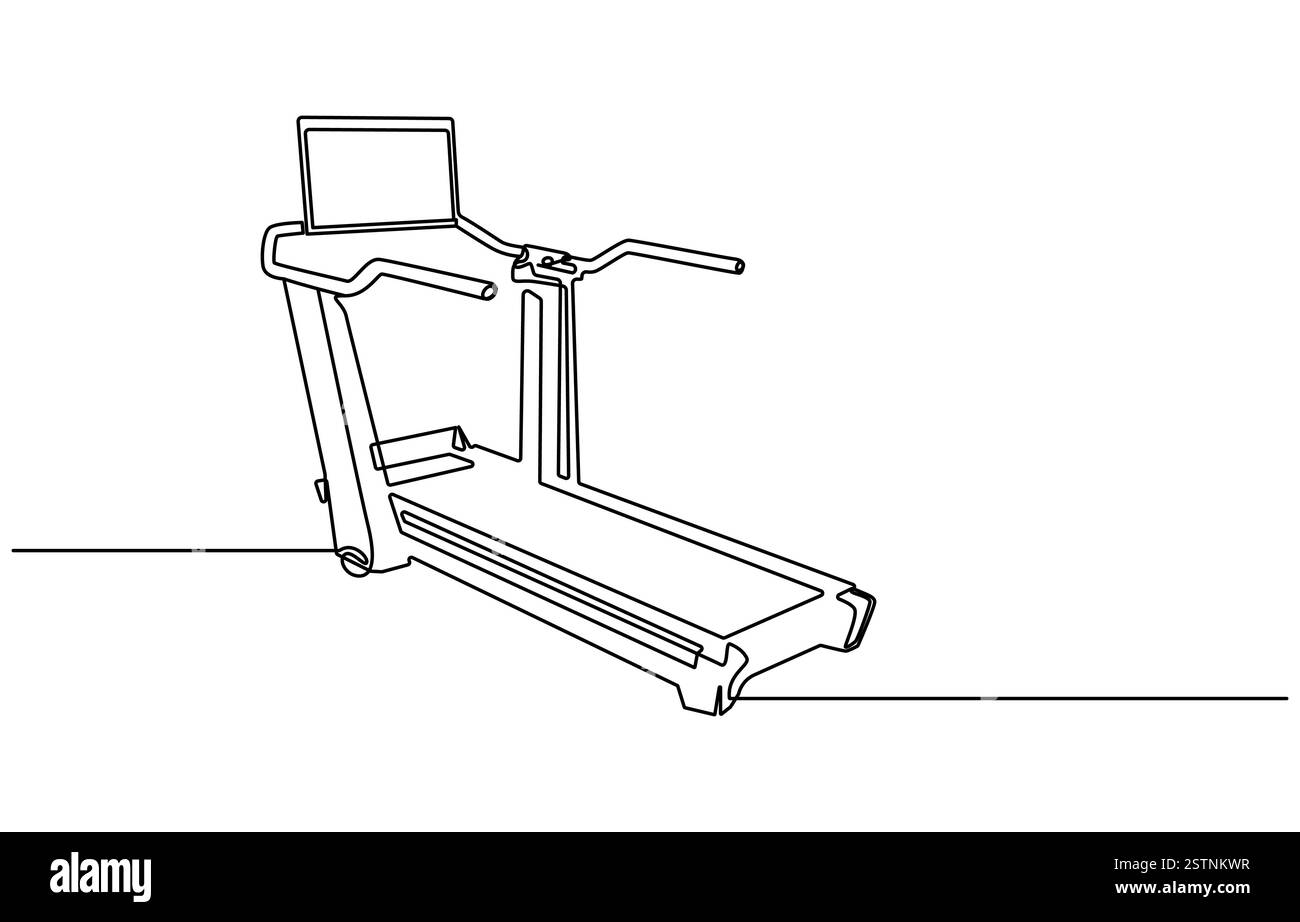 Ceci est un dessin d'une ligne d'une jeune femme énergique courant et marchant sur un tapis roulant Illustration de Vecteur