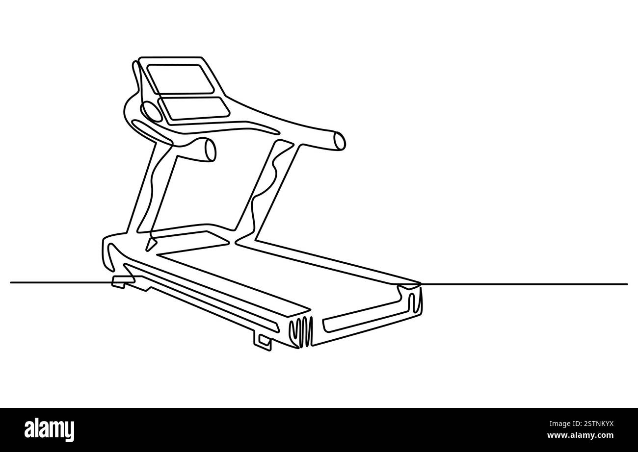 Ceci est un dessin d'une ligne d'une jeune femme énergique courant et marchant sur un tapis roulant Illustration de Vecteur