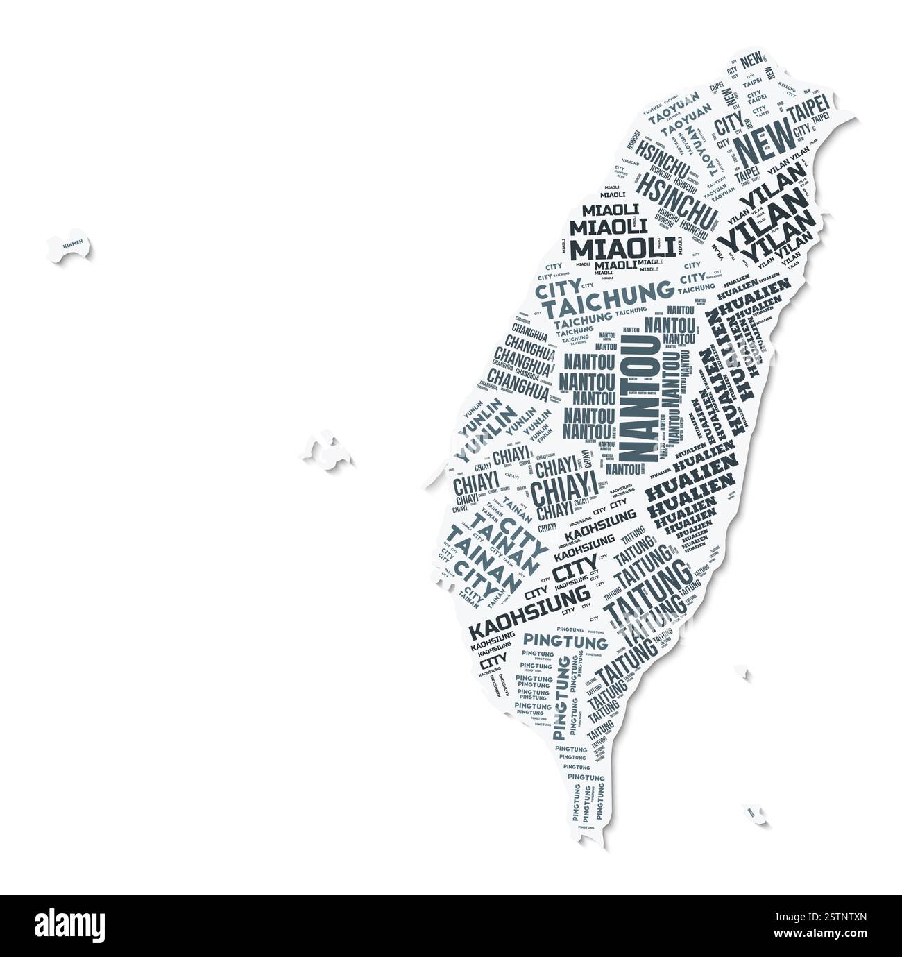 Nuage de texte de forme Taiwan. Frontière de pays avec ombre sur fond blanc. Taiwan avec division des régions dans le style vintage gazette. Illustration de Vecteur