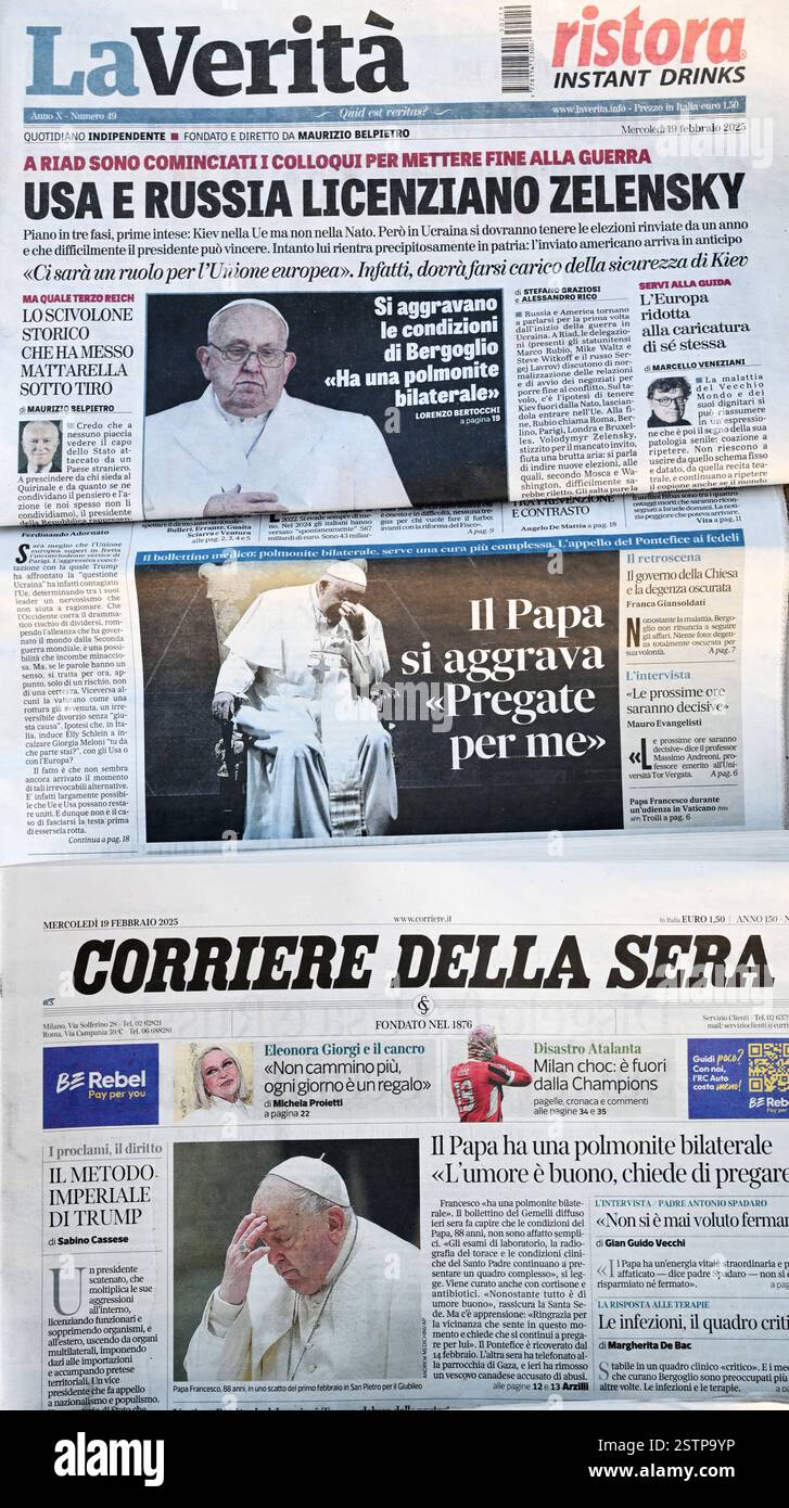 Italie. 19 février 2025. En Italie, le pape François domine la plupart des journaux en première page le 19 février 2025 relatant la nouvelle de l'hospitalisation du Saint-Père. Le pape François a été admis à l'hôpital Gemelli de Rome le vendredi 14 février pour subir des tests et un traitement pour la bronchite. Photo : Eric Vandeville/ABACAPRESS. COM Credit : Abaca Press/Alamy Live News Banque D'Images