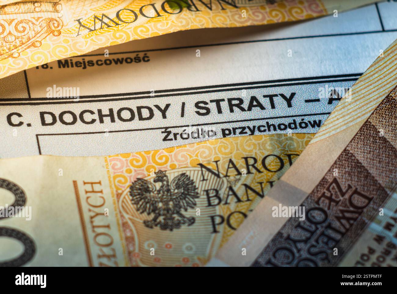 Accent détaillé sur les formulaires polonais de taxe AU COMPTANT entourés de billets de banque en zloty, reflétant l'essence même de l'information financière annuelle. Banque D'Images