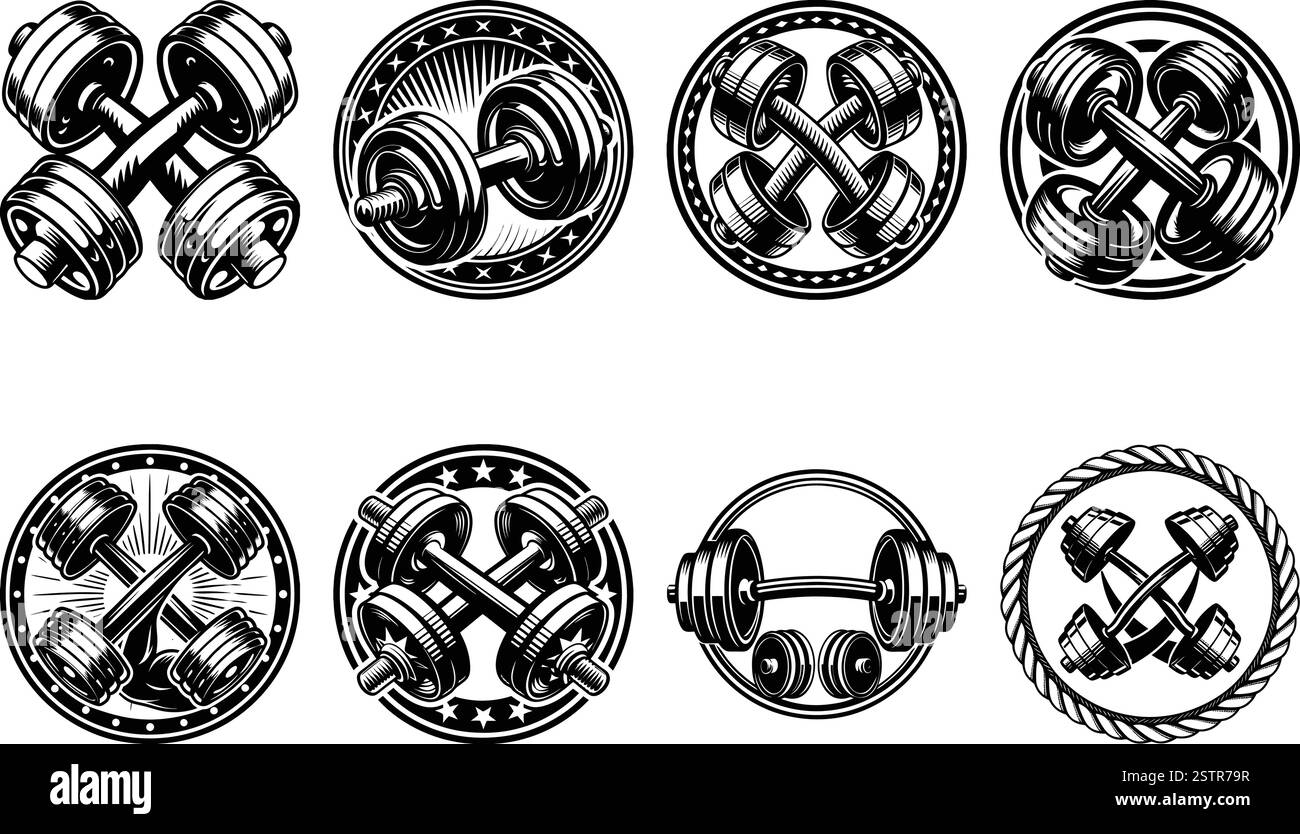 Haltère, emblèmes de fitness, Silhouette Gym logo Bundle, ensemble d'icônes de pack de logo de gym vintage, collection d'équipements de fitness, Illustration de Vecteur