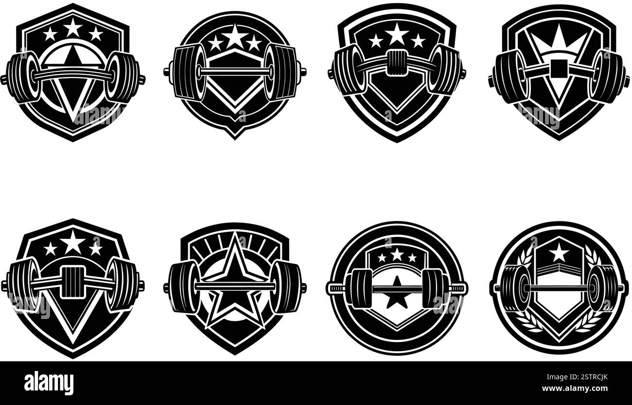 Haltère, emblèmes de fitness, Silhouette Gym logo Bundle, ensemble d'icônes de pack de logo de gym vintage, collection d'équipements de fitness, Illustration de Vecteur