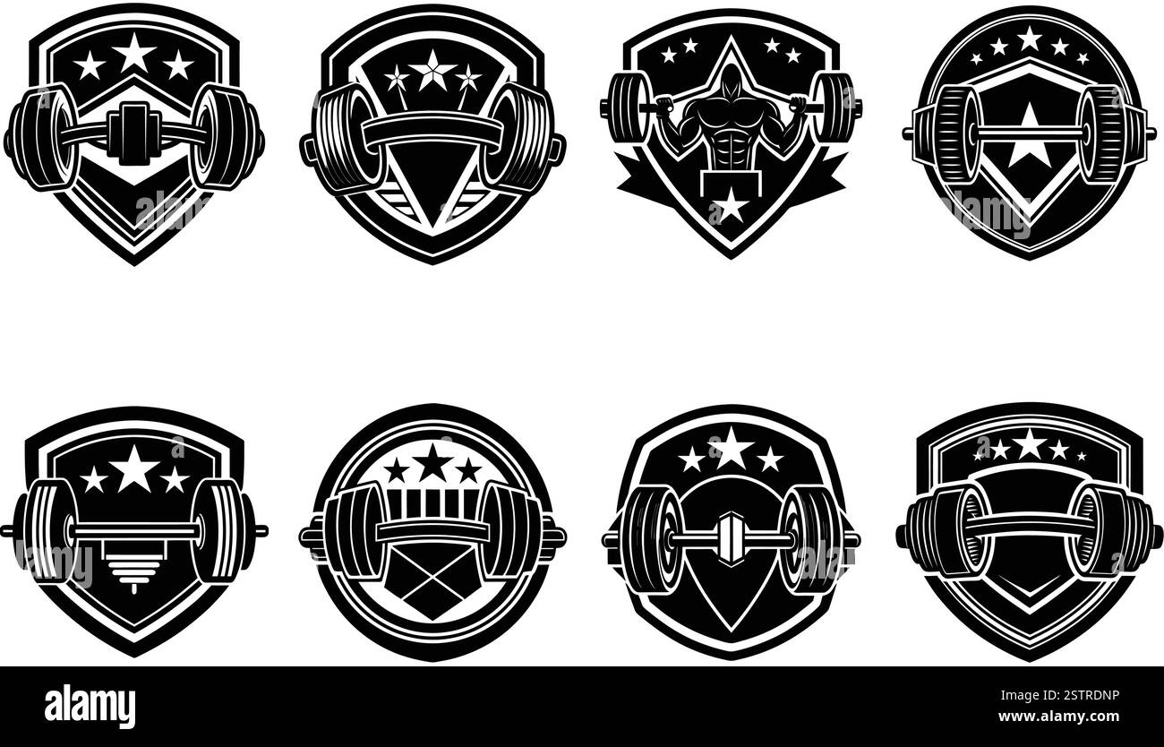 Haltère, emblèmes de fitness, Silhouette Gym logo Bundle, ensemble d'icônes de pack de logo de gym vintage, collection d'équipements de fitness, Illustration de Vecteur