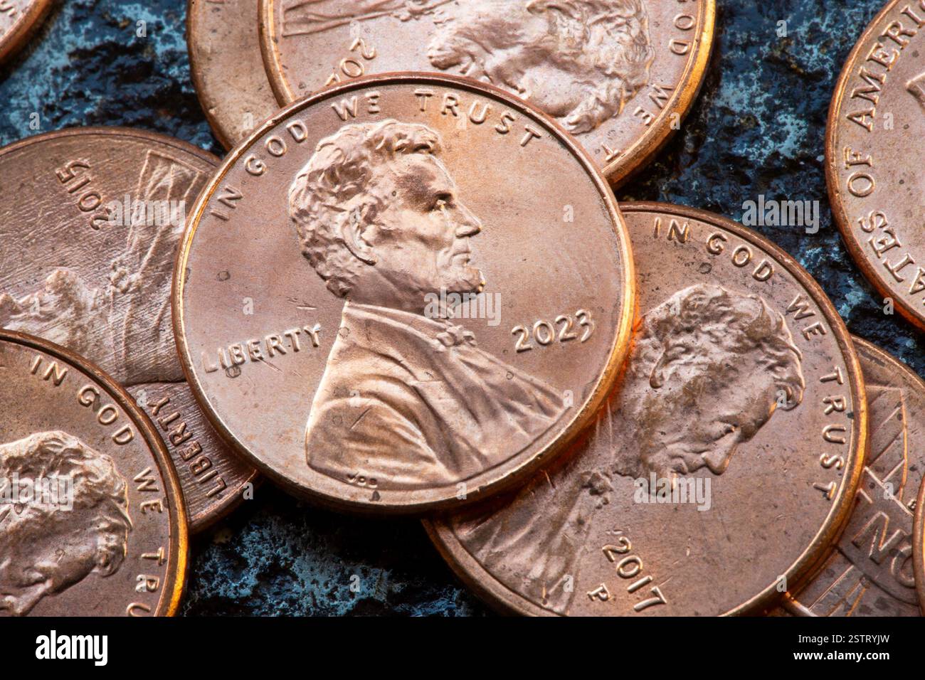 Gros plan de pennies en cuivre brillant, États-Unis, 2025 Banque D'Images
