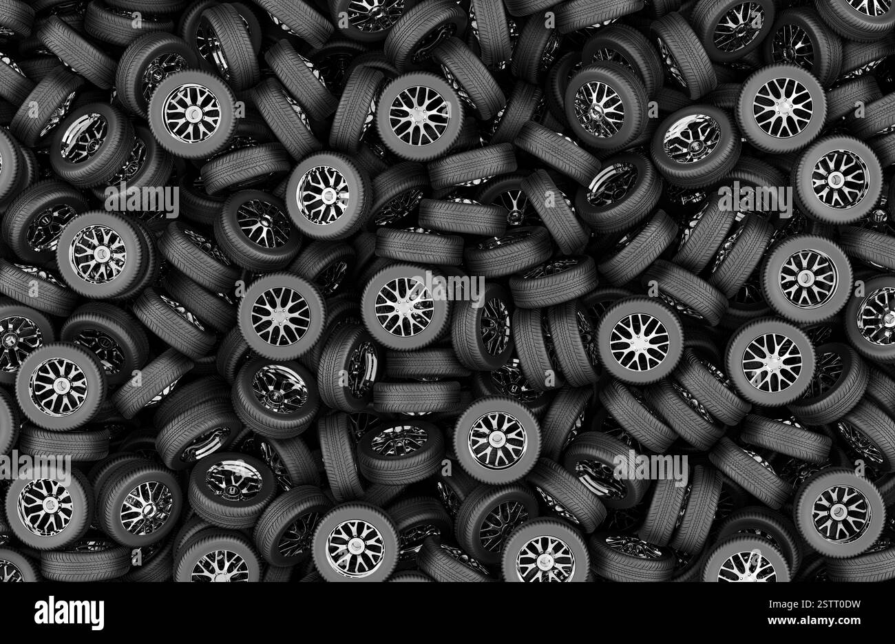 Roues en alliage de voiture avec fond de pneus, papier peint. Rendu 3D. Banque D'Images