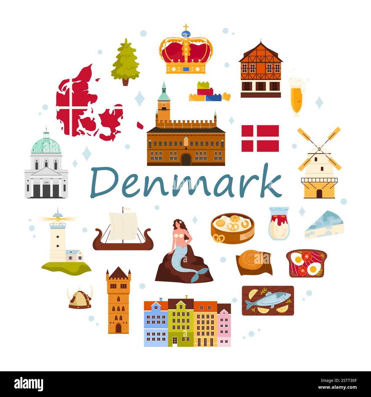 Voyage au Danemark bannière ronde ou conception d'affiche. Carte danoise avec motif de drapeau et symboles culturels célèbres du Danemark, couronne des rois et architecture du patrimoine, nourriture en cercle illustration vectorielle de dessin animé Illustration de Vecteur