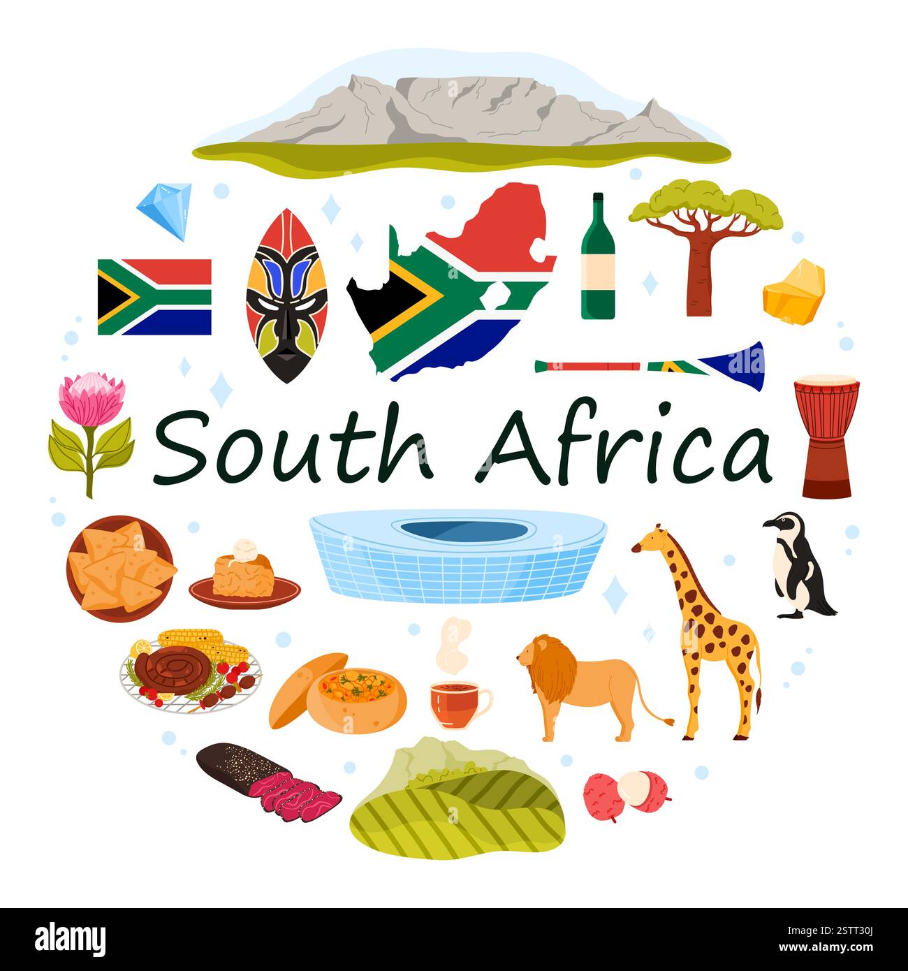 Éléments culturels, nature et point de repère de l'Afrique du Sud bannière infographique ronde. Stade du Cap, montagne de la table et masque Zulu, corne de Vuvuzela et tambour de Jembe, illustration vectorielle de bande dessinée de fleurs de Protea Illustration de Vecteur