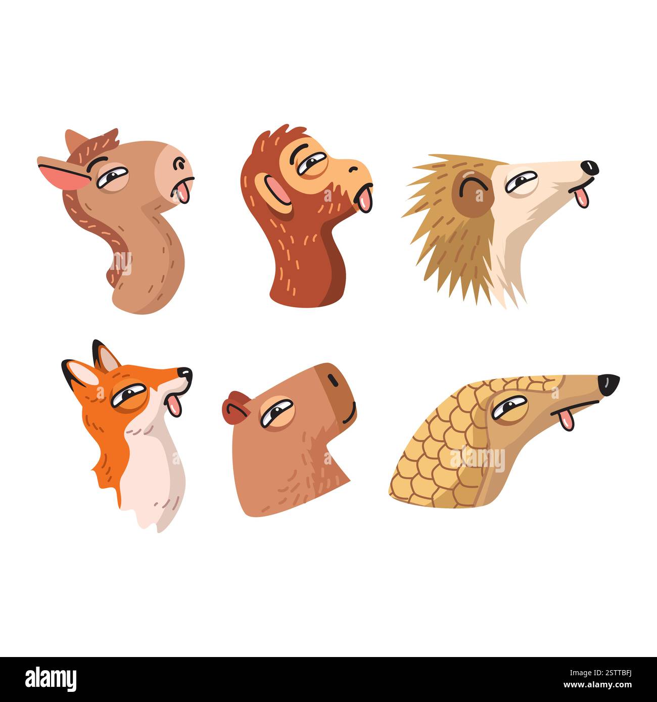 Animaux de bande dessinée avec leurs langues dehors, emballés dans une illustration vectorielle amusante pour les enfants. Illustration de Vecteur