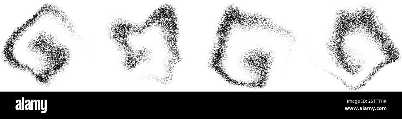 Dégradés pointillés formes fumées. Taches et taches de liquide granuleux. Ensemble de poussière coulant à pois noirs. Des éclaboussures de bruit et des éclaboussures se forment. Dissoudre la texture des particules de sable. Eléments demi-ton à évanouissement vectoriel Illustration de Vecteur
