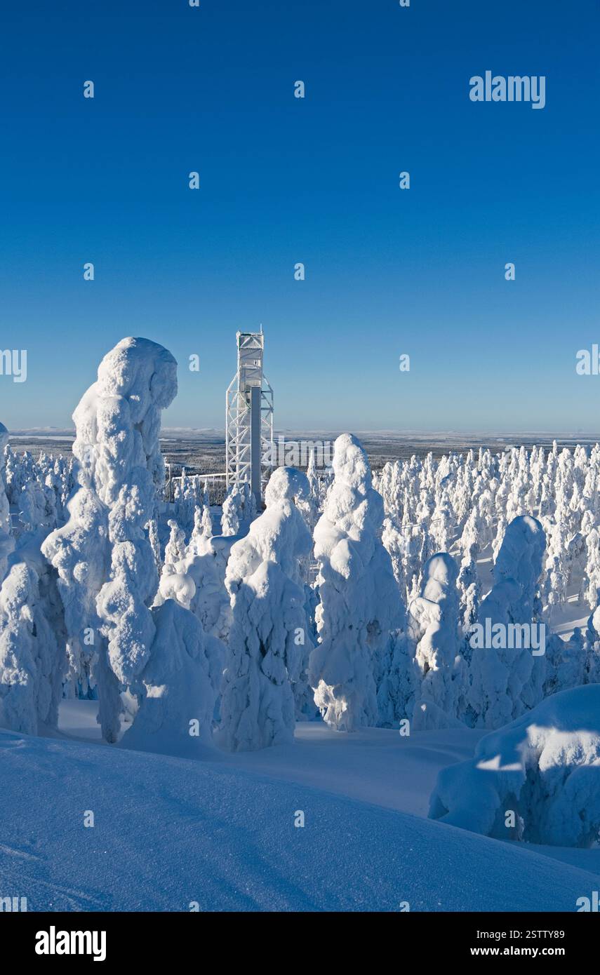 Kuusamo, Finlande : magnifique vue à l'ouest depuis le sommet de Saarua avec la grande tour de saut à ski dans le domaine skiable de Ruka sur la Laponie Banque D'Images