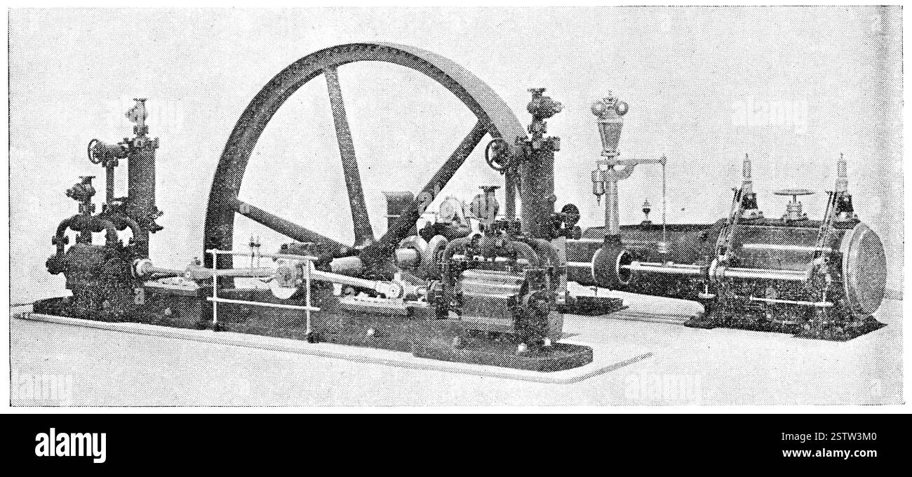 Double moteur horizontal. Illustration du 19e siècle. Allemagne. Arrière-plan blanc. Banque D'Images