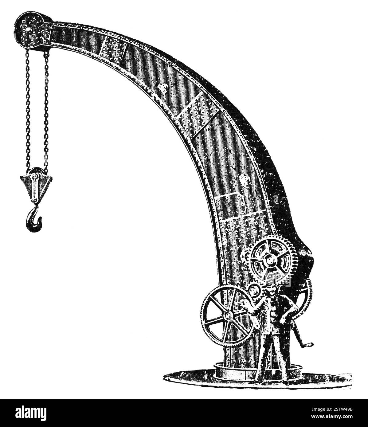 Grue à roue dentée pour le levage de charges. Illustration du 19e siècle. Allemagne. Arrière-plan blanc. Banque D'Images