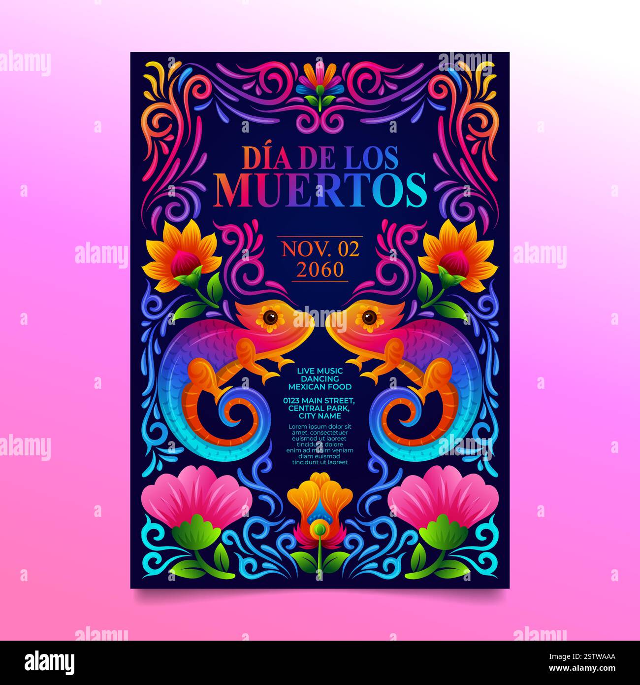 Dépliant Day of the Dead, art folklorique floral mexicain avec motif arc-en-ciel caméléon Illustration de Vecteur