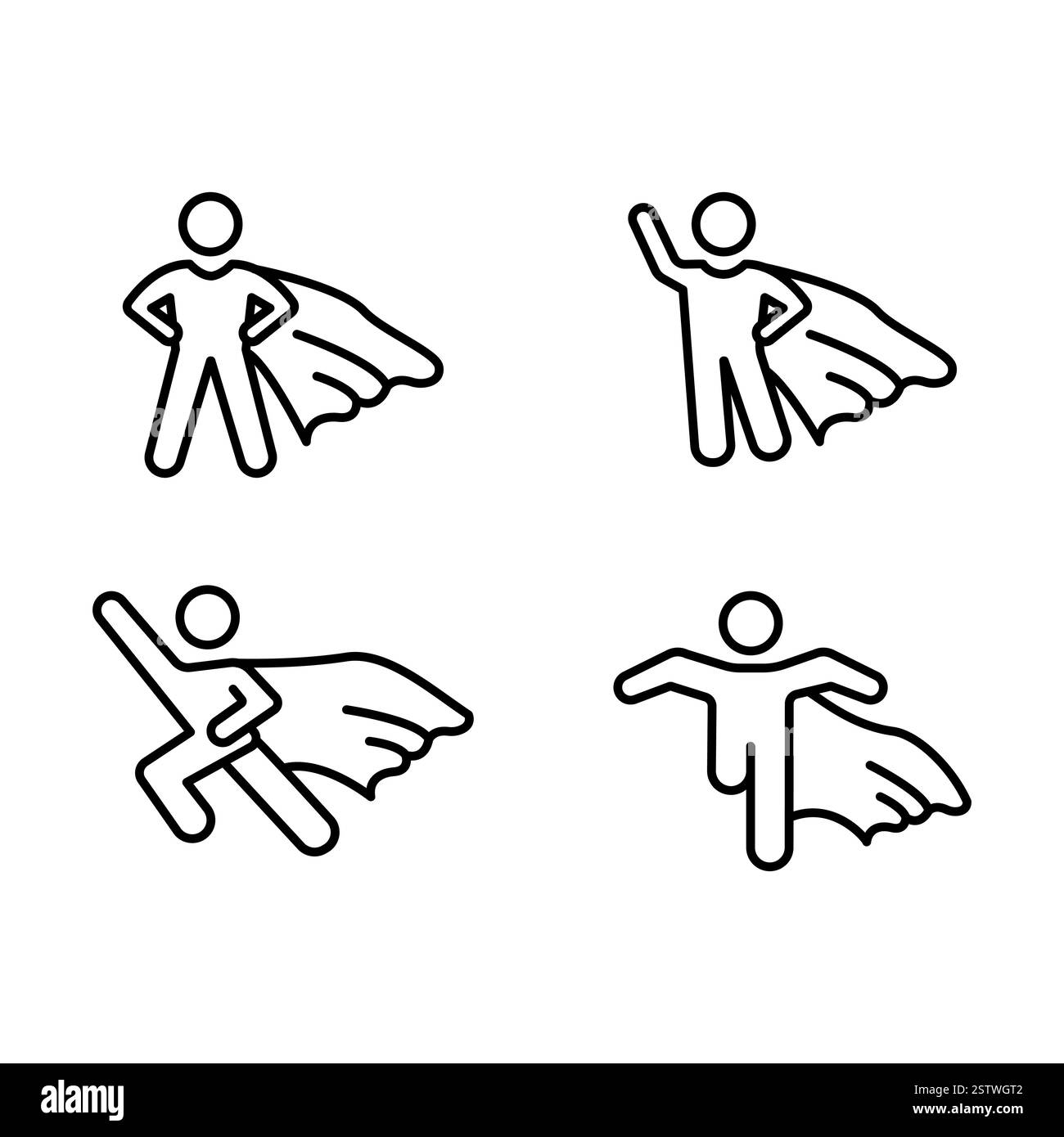 Jeu d'icônes de ligne d'homme de super-héros. Figurine de contour volant de super-héros. Travailleur de la victoire, personne pictogramme employeur. Illustration vectorielle. Illustration de Vecteur